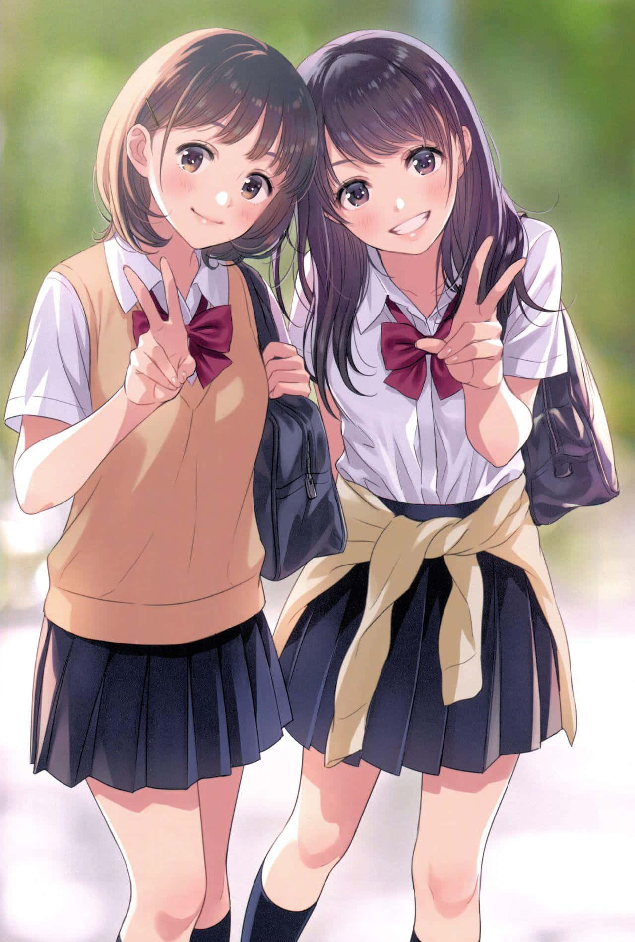 Cute Kawaii Anime Girl, school uniforms, peace signs, HD Phone Wallpaper