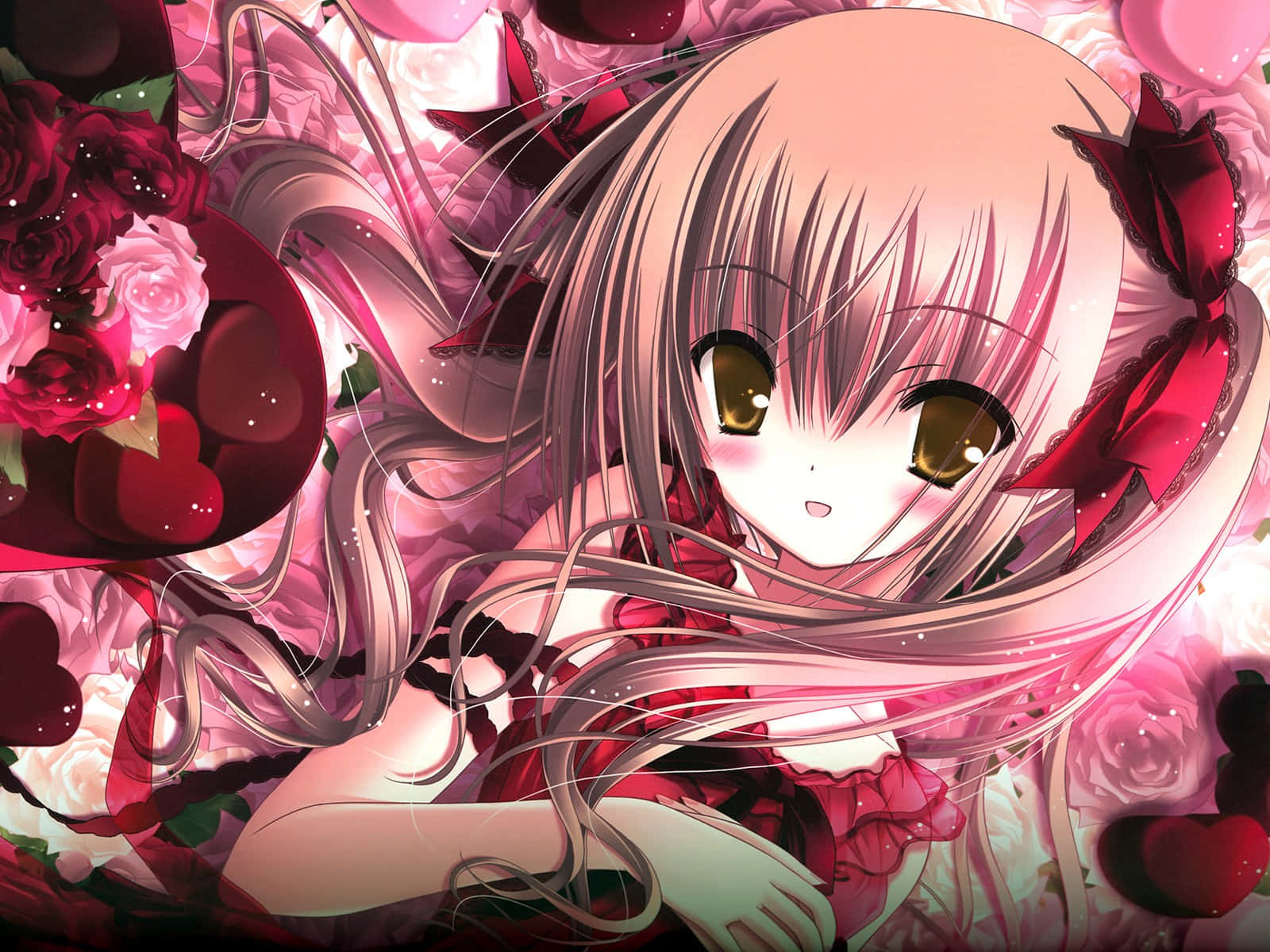 pink-haired anime girl, golden eyes, red and white roses, HD Desktop Wallpaper