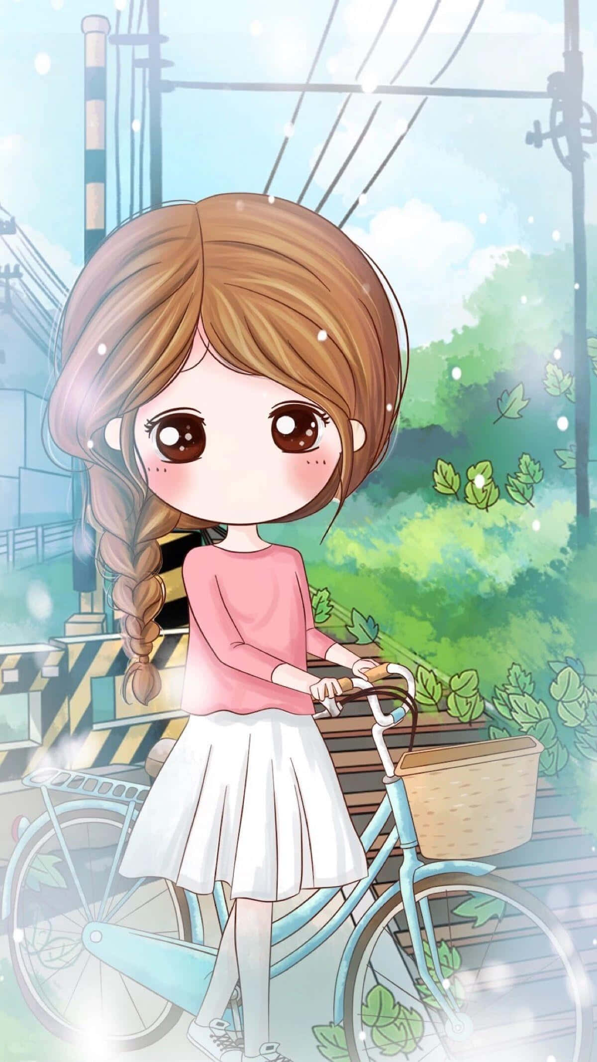 cute kawaii anime girl, braided hair, light blue bicycle, Full HD Phone Wallpaper