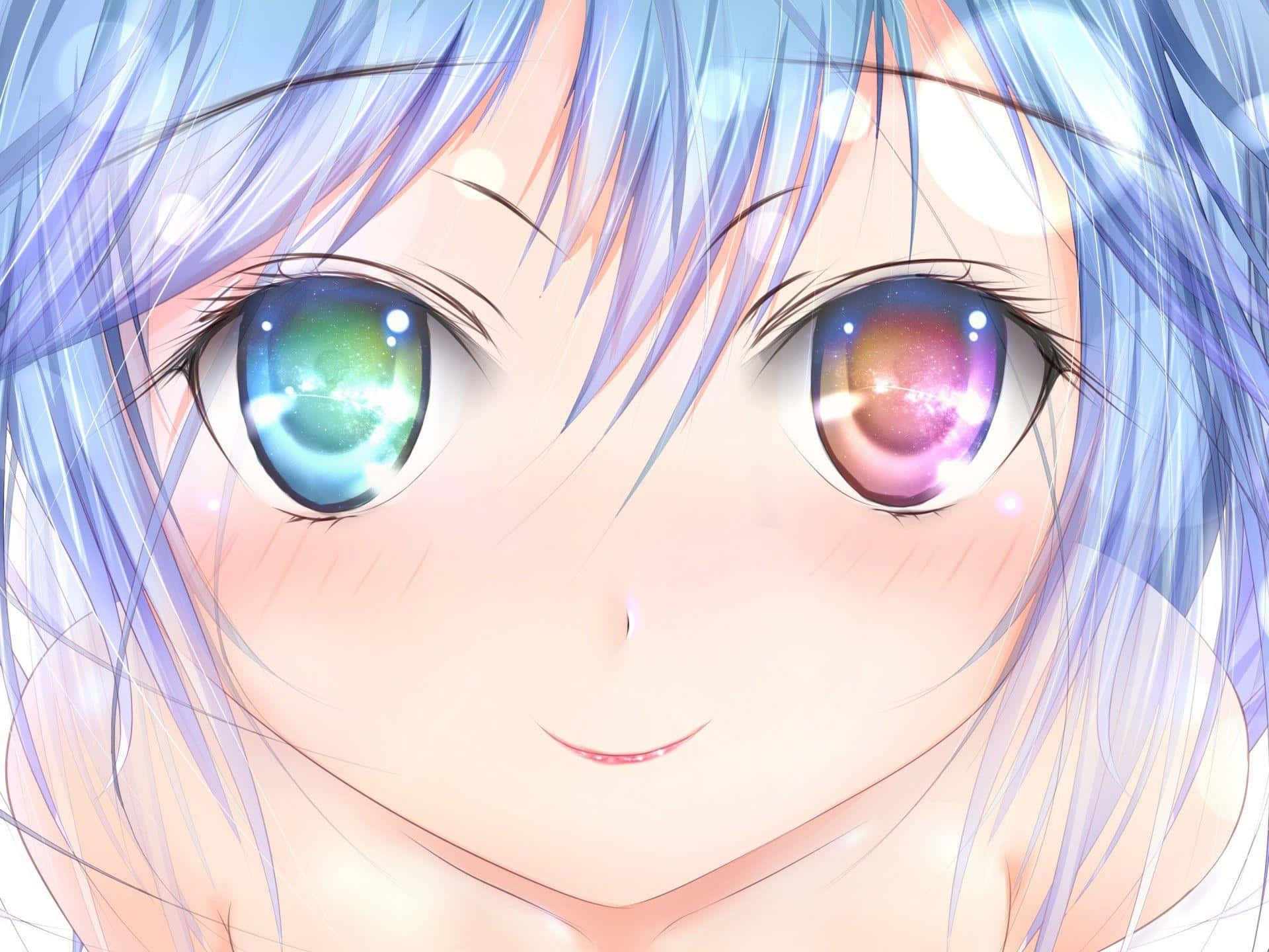 cute kawaii anime girl, blue hair, galaxy-patterned eyes, Full HD Desktop Wallpaper