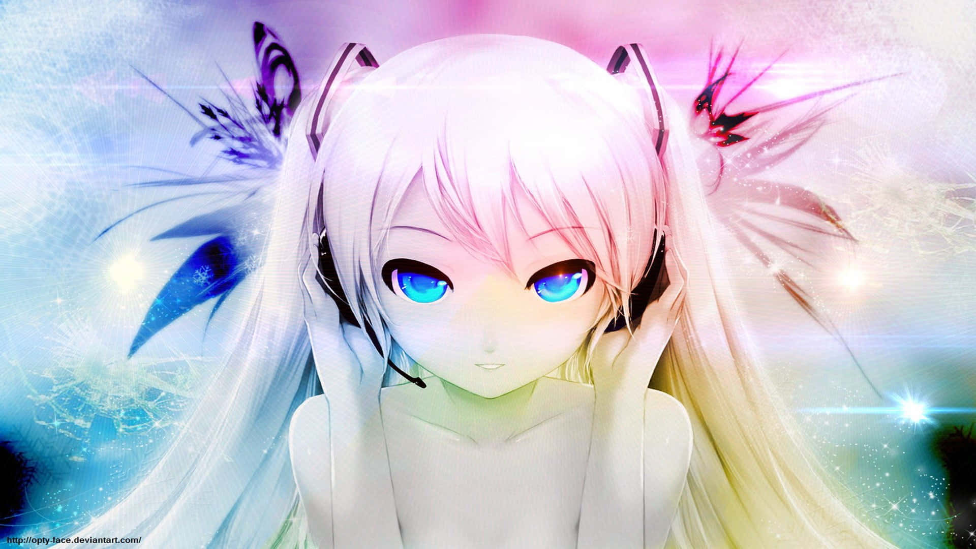 cute kawaii anime girl, long white hair, blue eyes, Full HD Desktop Wallpaper