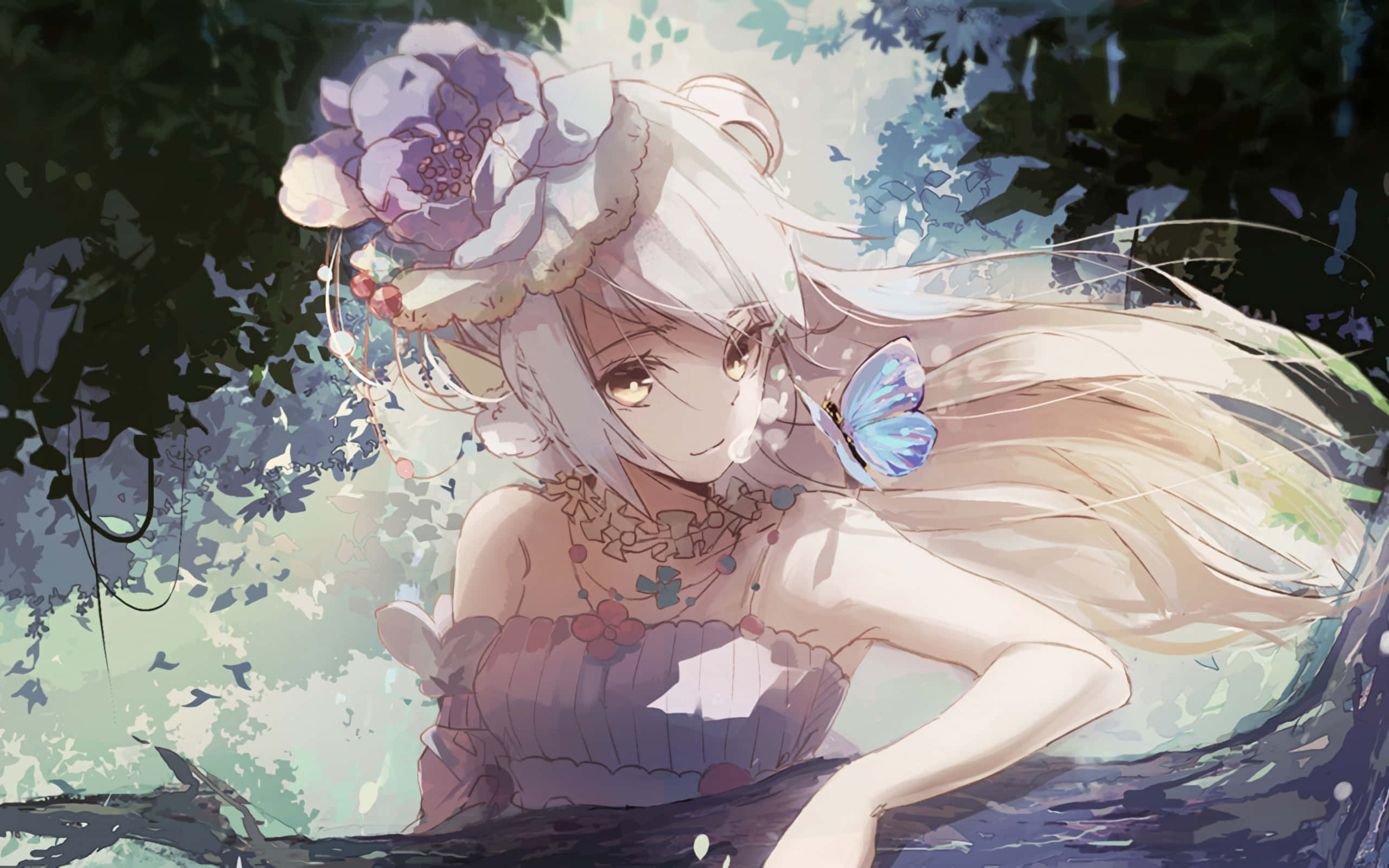 cute kawaii anime girl, long white hair, floral crown, 2K Desktop Wallpaper