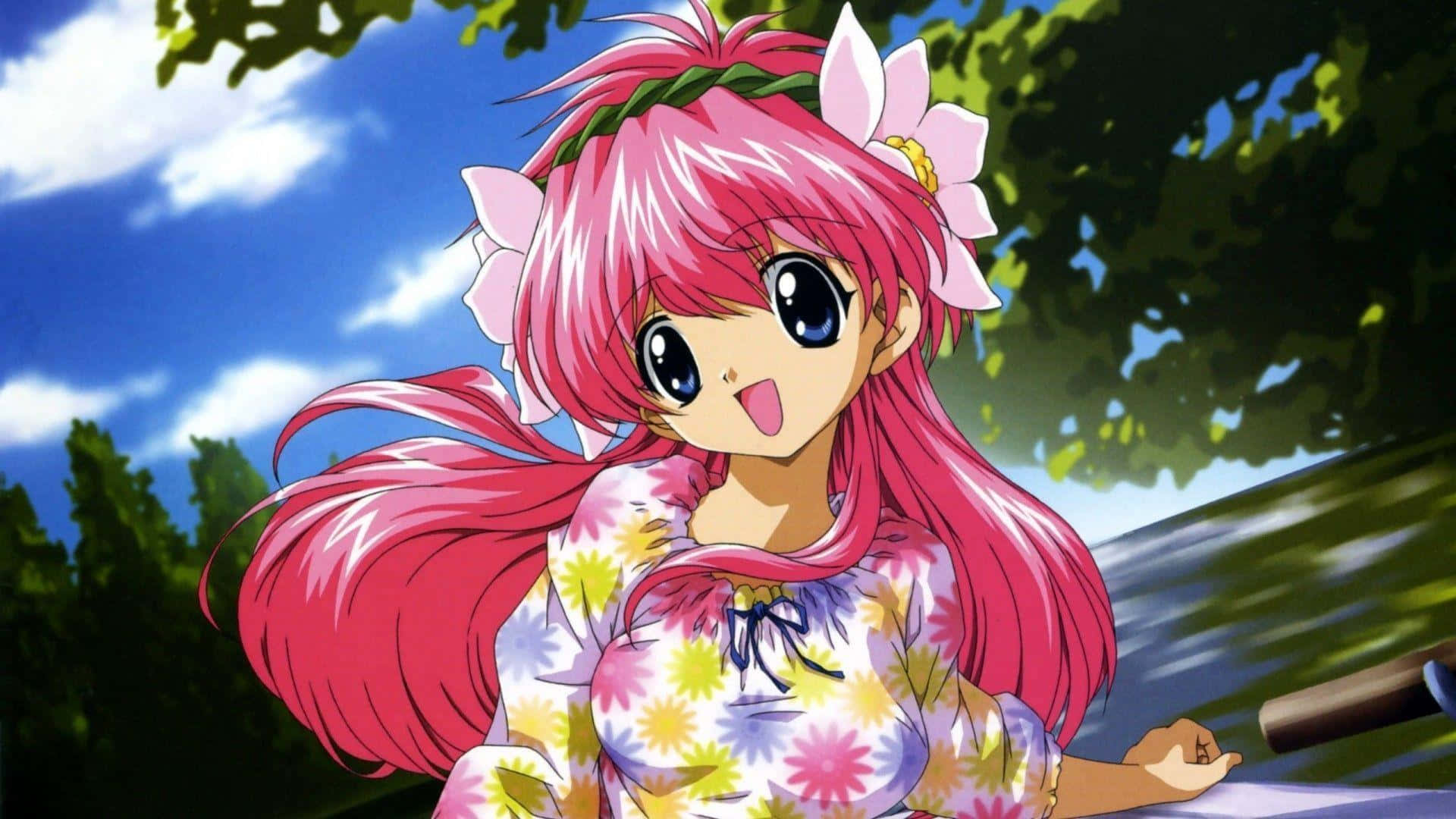 cute kawaii anime girl, pink hair, flower headband, Full HD Desktop Wallpaper