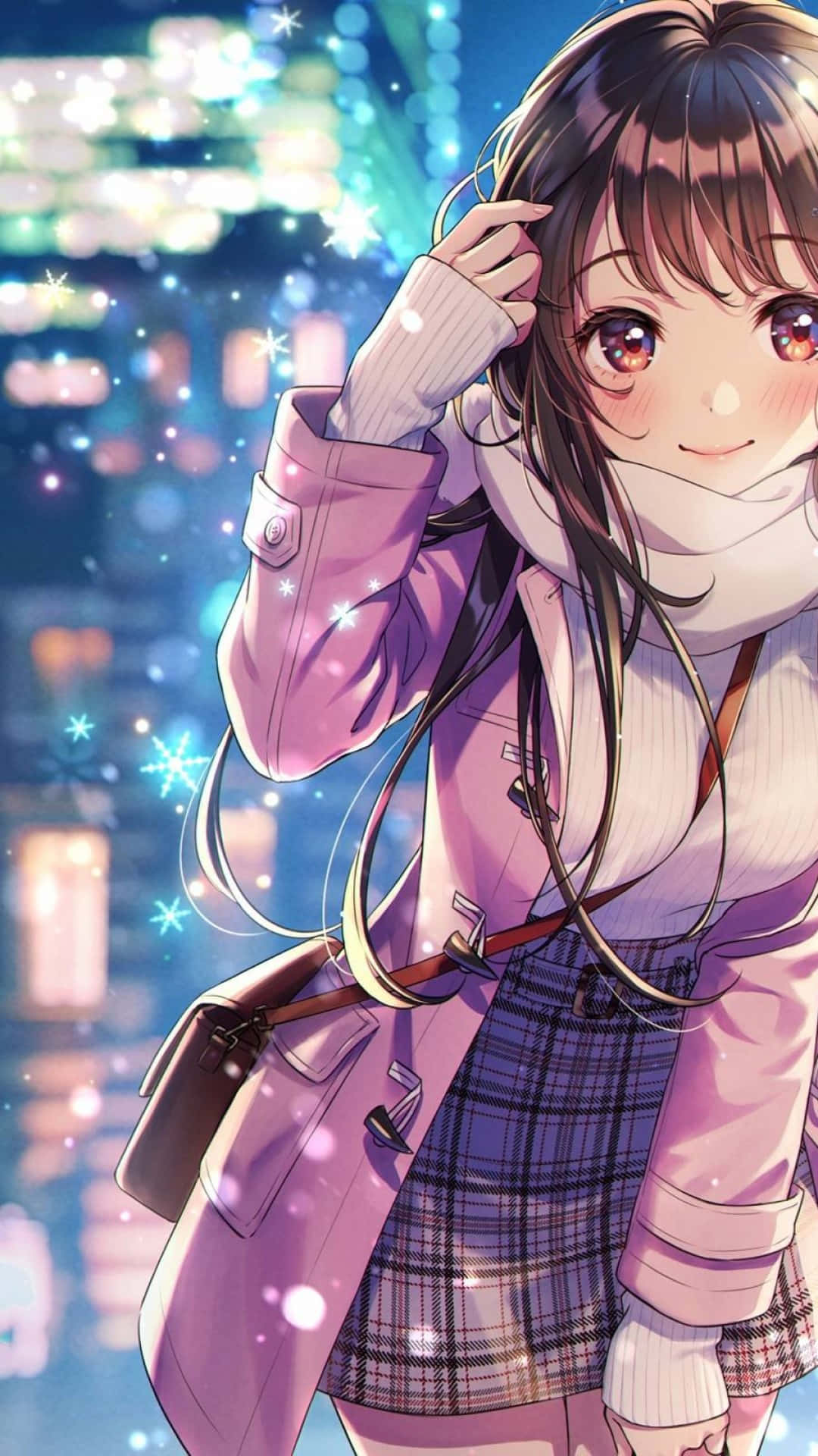 Cute Kawaii Anime Girl, pink coat, scarf, Full HD Phone Wallpaper