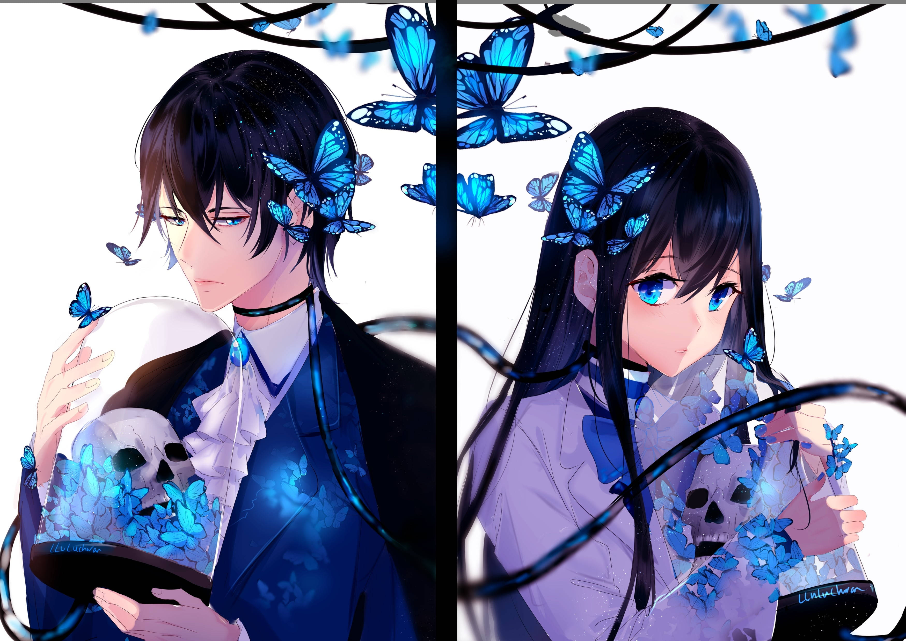 Cute Kawaii Anime, skulls, blue butterflies, 2K Desktop Wallpaper