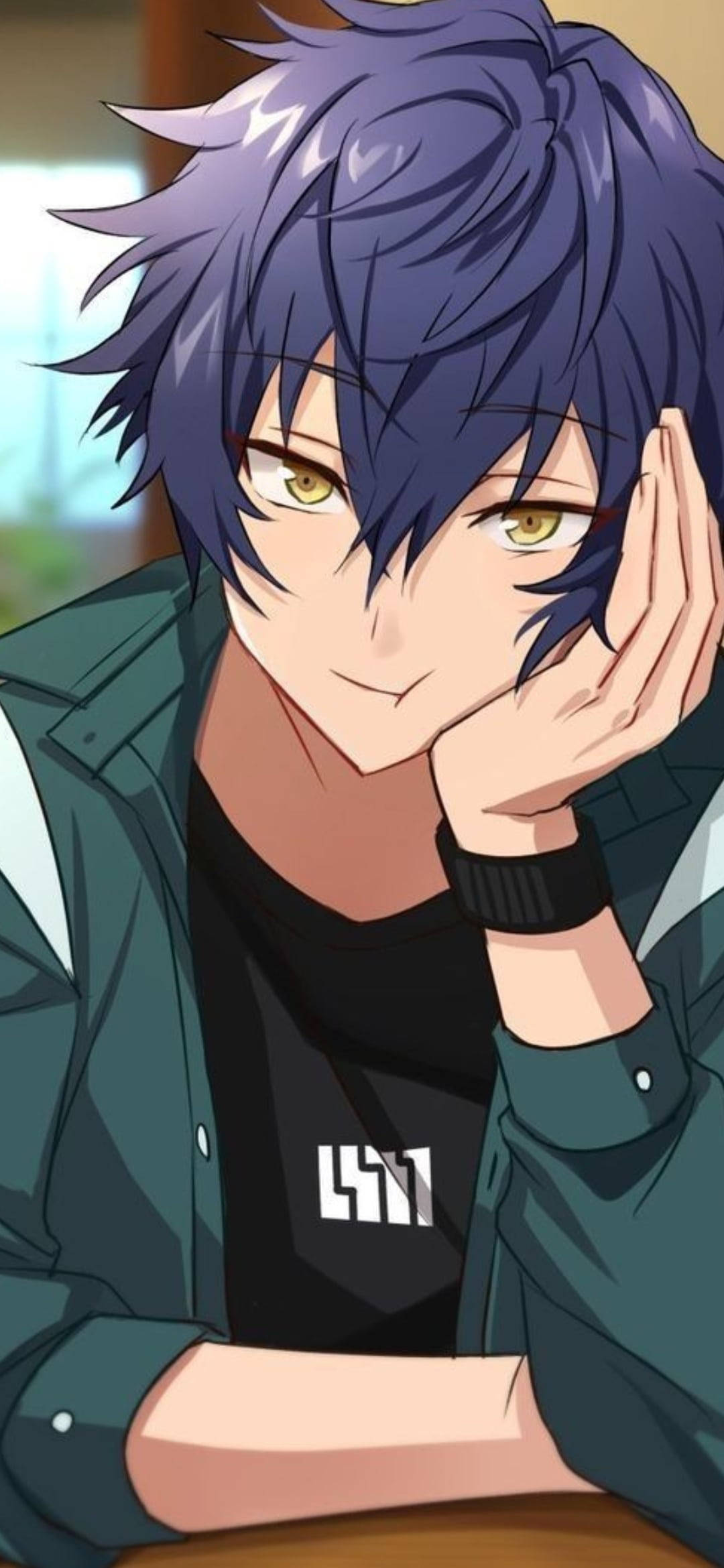 spiky purple hair, golden eyes, green jacket, Full HD Phone Wallpaper