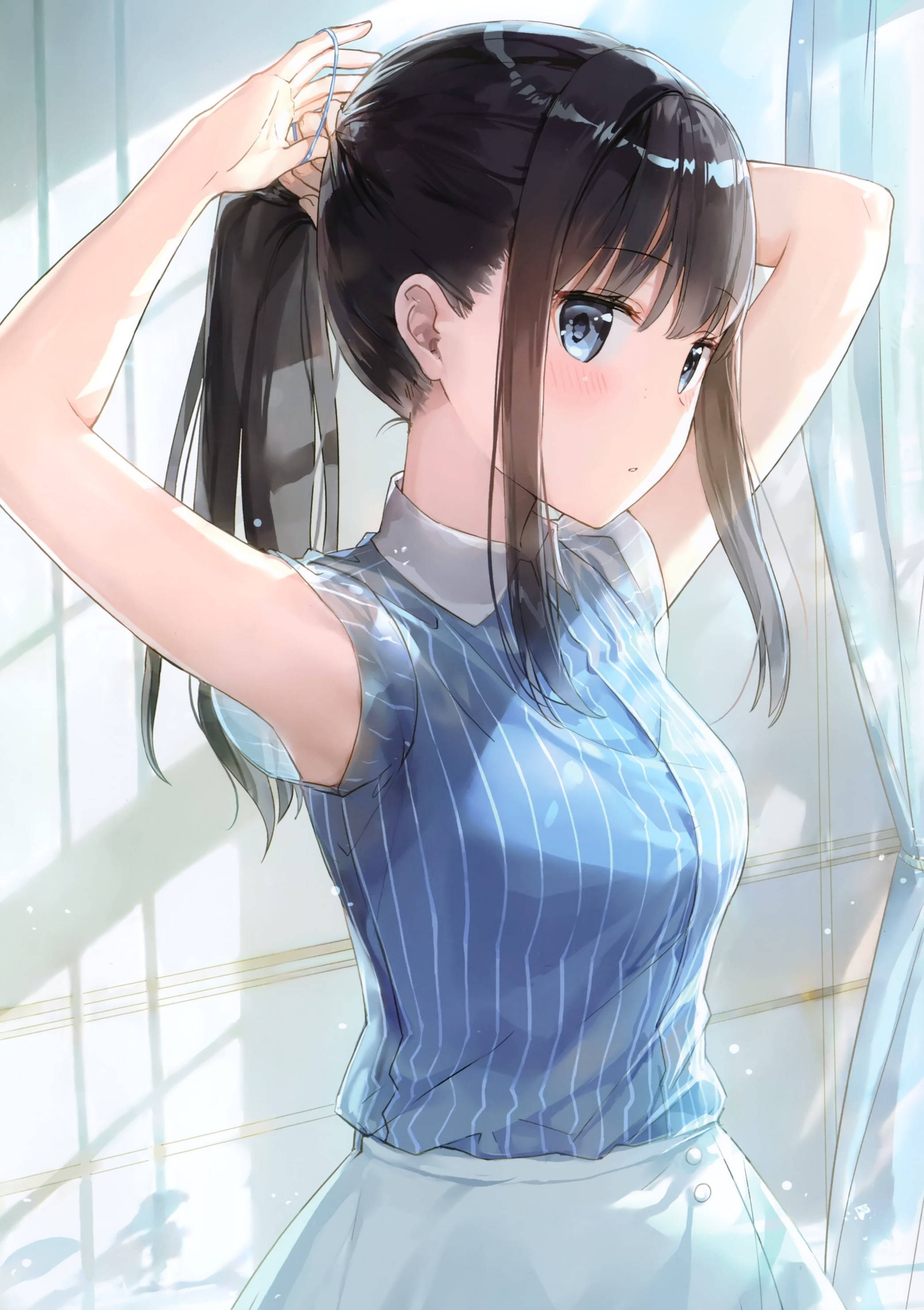 Cute Kawaii Anime Girl With Ponytail, dark hair, blue eyes, 2K Phone Wallpaper