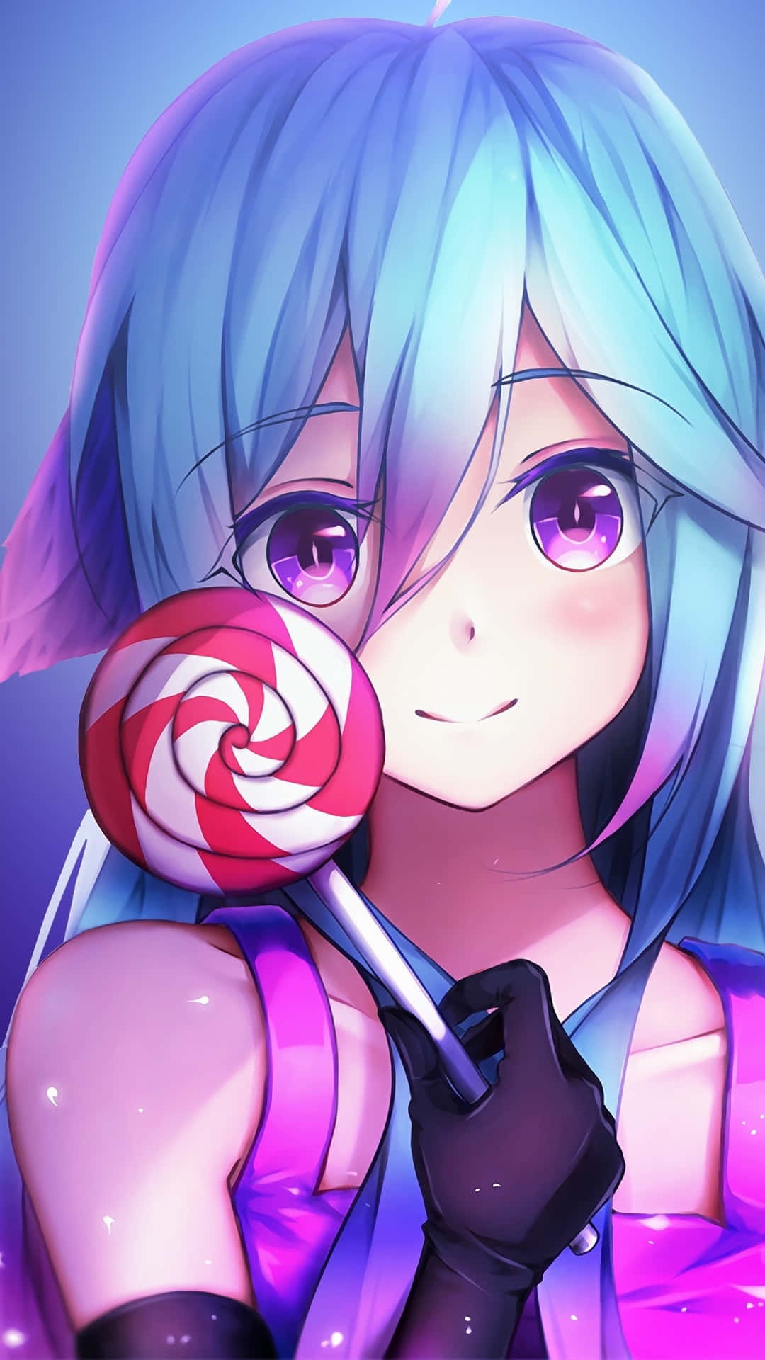 Cute Kawaii Anime Girl, blue hair, purple eyes, Full HD Phone Wallpaper