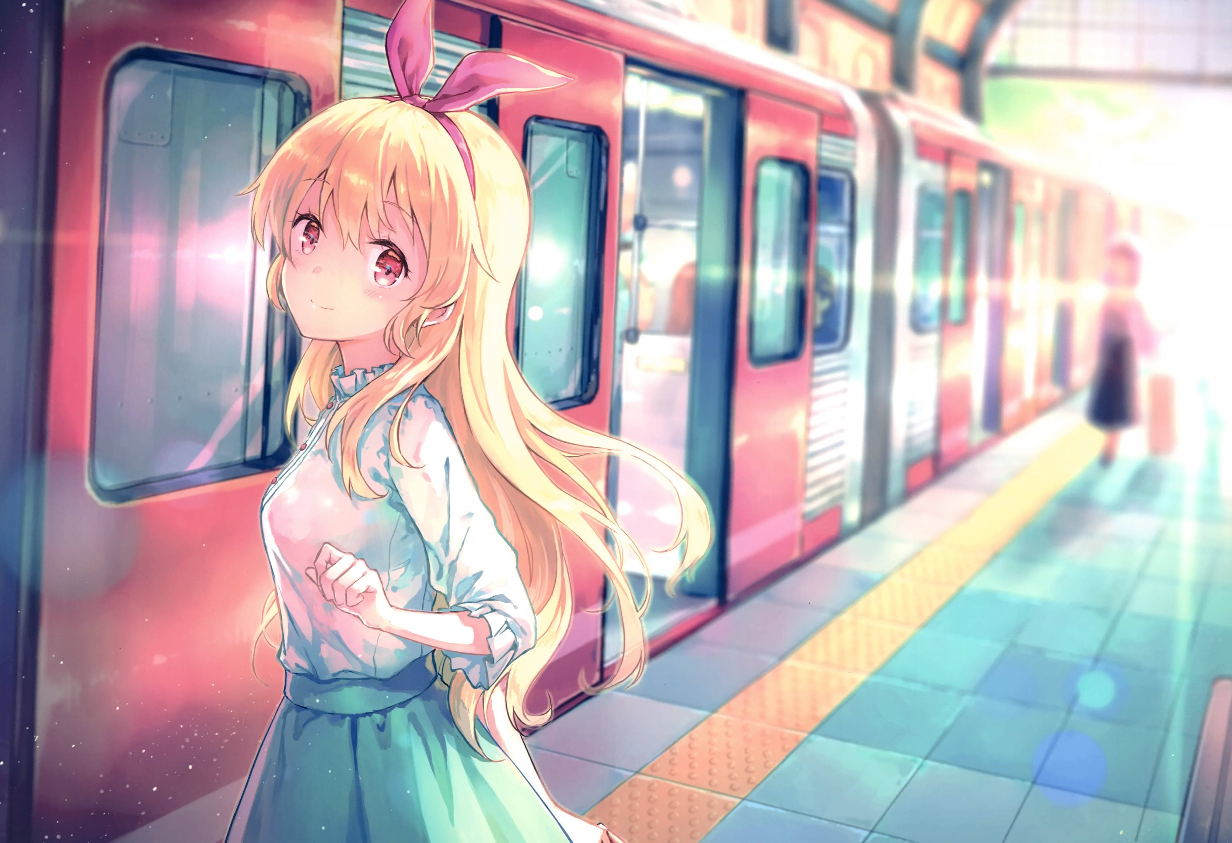 Cute Kawaii Anime, train station, red train, 4K Desktop Wallpaper