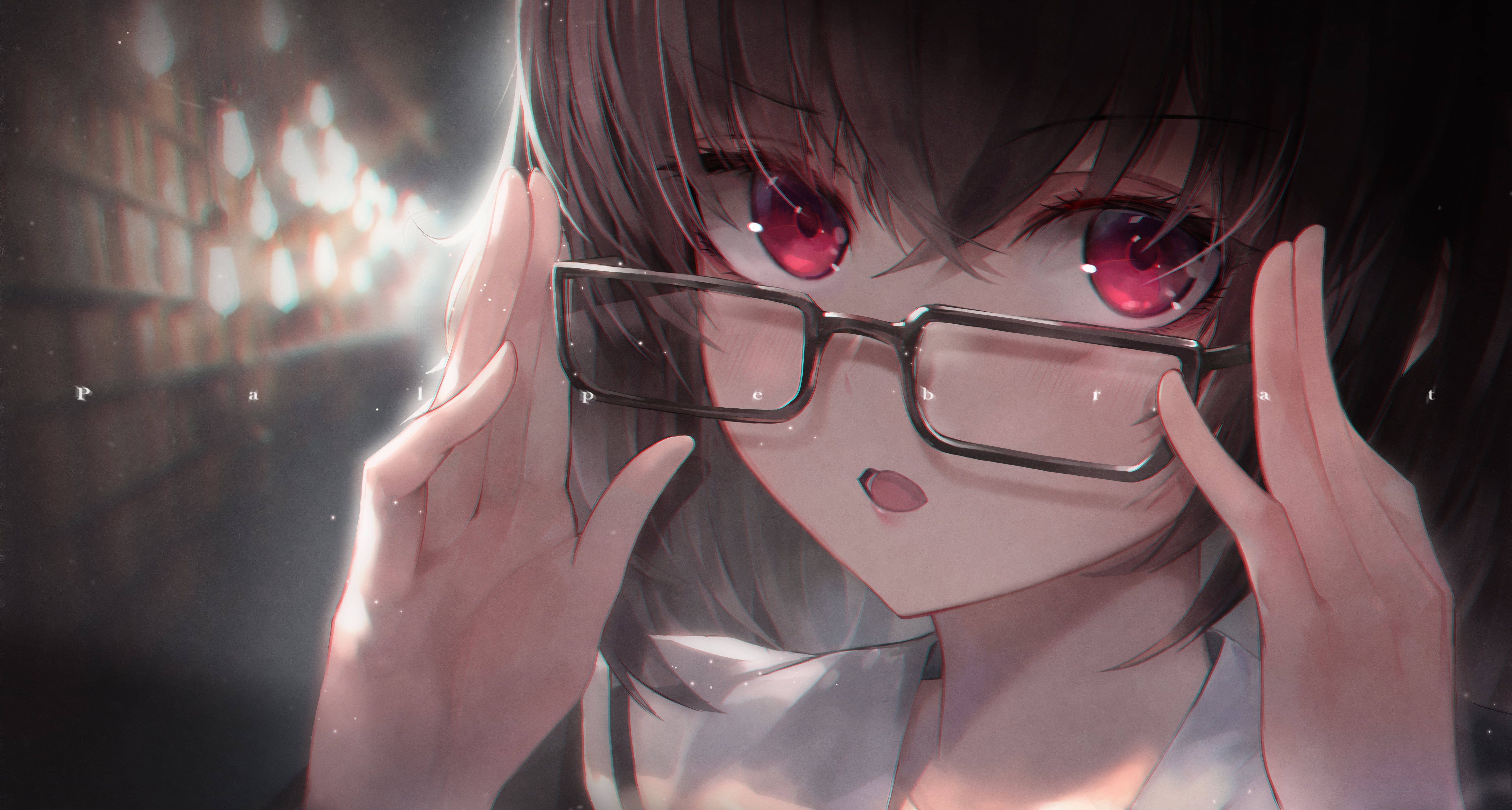 cute kawaii anime girl, red eyes, dark hair, 5K Desktop Wallpaper