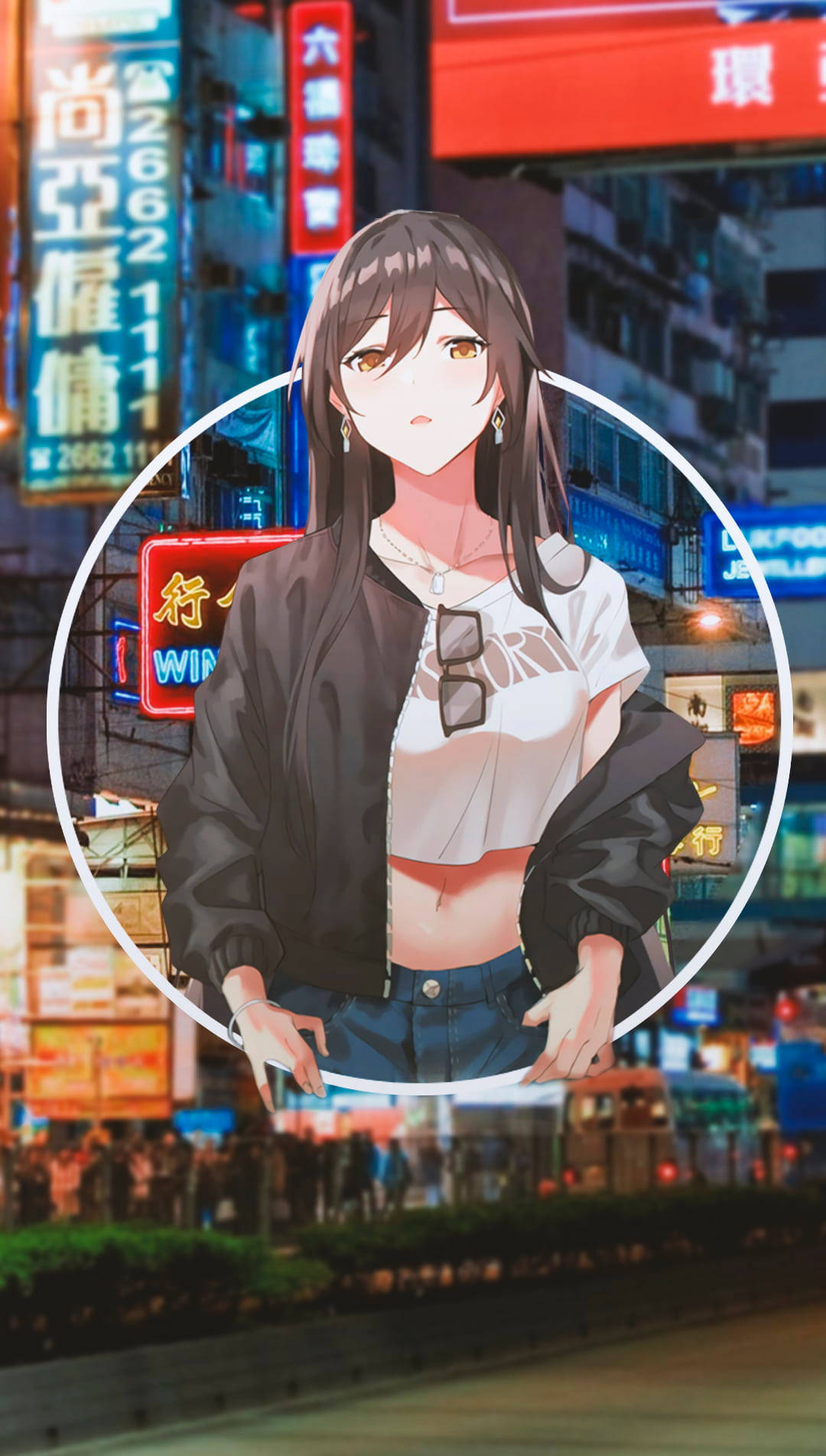 Cute Kawaii Anime, neon-lit city street, night, HD Phone Wallpaper