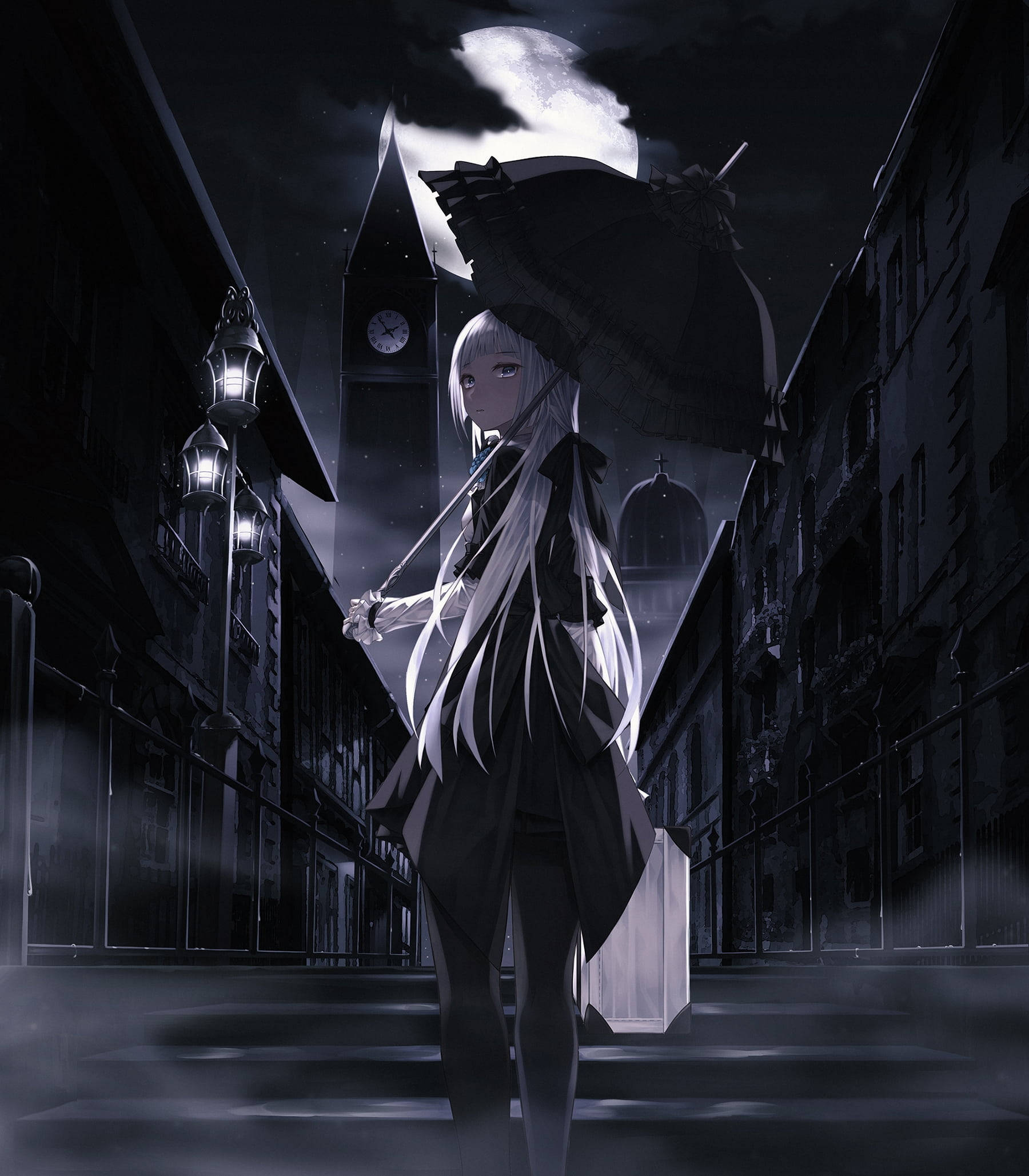 Cute Kawaii Anime Goth Girl, white hair, black umbrella, Full HD Phone Wallpaper