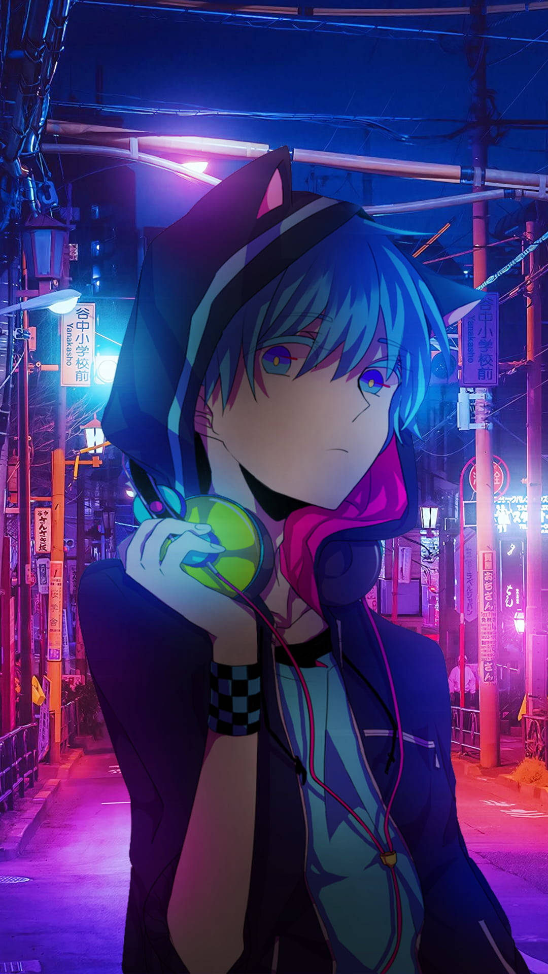 blue-haired anime teen, hoodie, cat ears, Full HD Phone Wallpaper