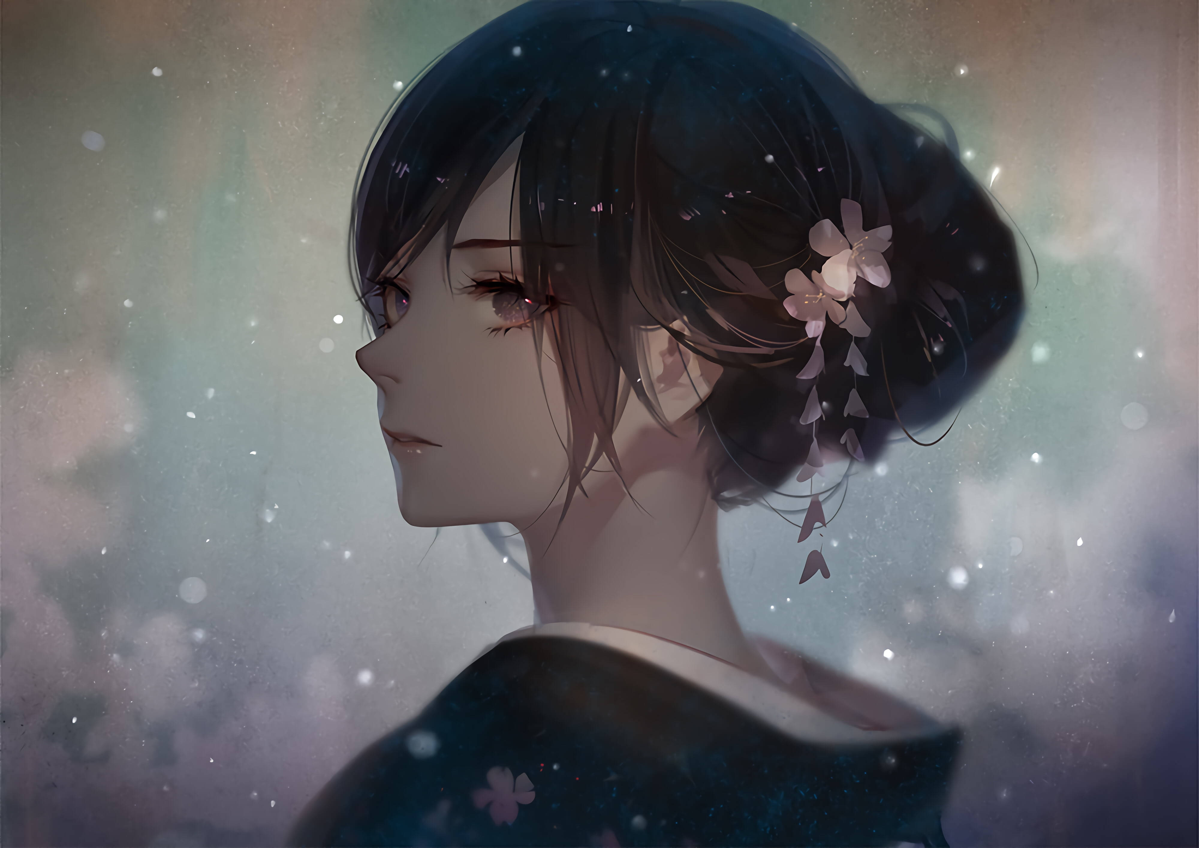 anime girl, dark kimono, cherry blossoms, 4K Desktop Wallpaper