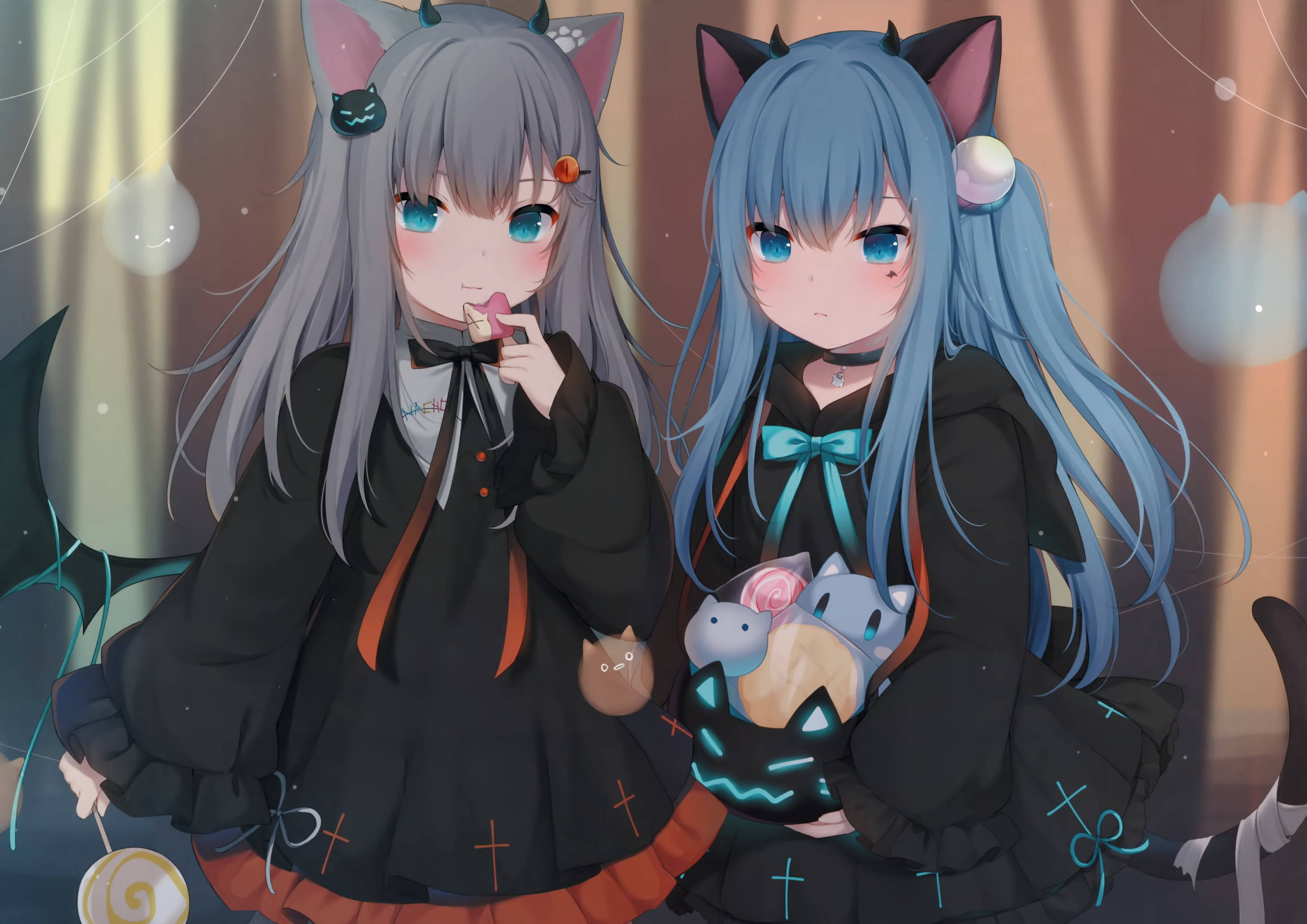 cat ears, cat tails, black gothic dresses, 2K Desktop Wallpaper