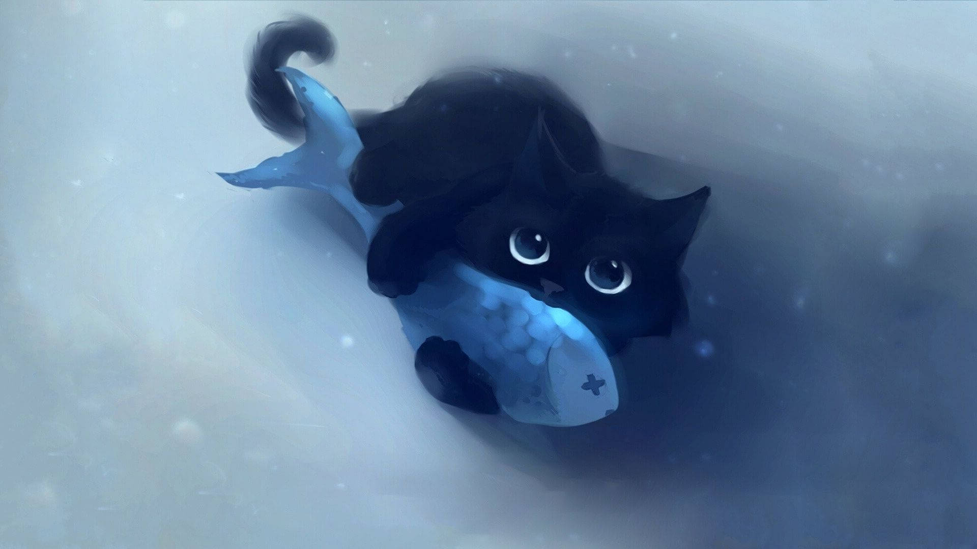 cute kawaii cat fish, black cat, blue fish tail, Full HD Desktop Wallpaper