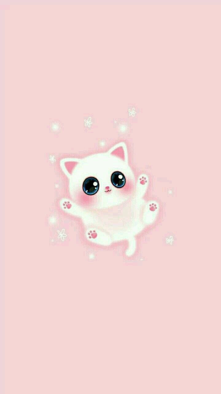 cute kawaii cat kitten, white cartoon kitten, big eyes, HD Phone Wallpaper