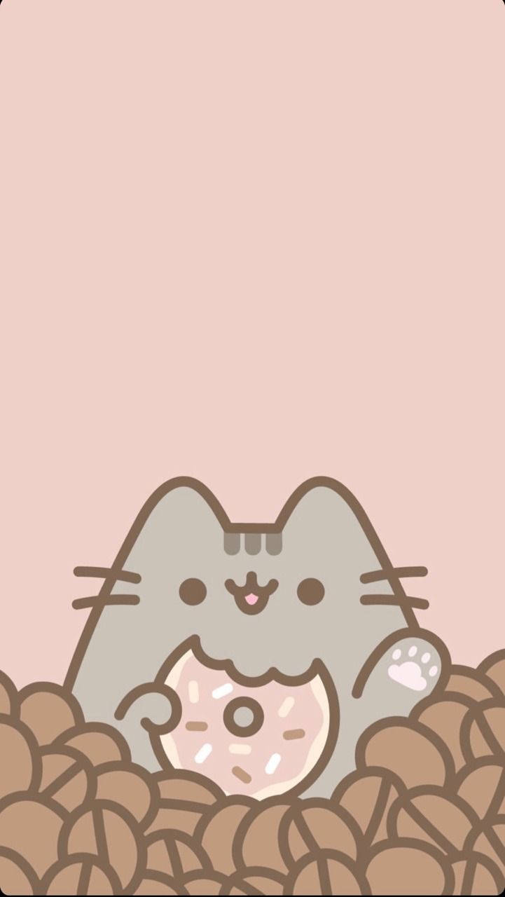cute kawaii cat, gray cartoon cat, pink frosted donut, HD Phone Wallpaper