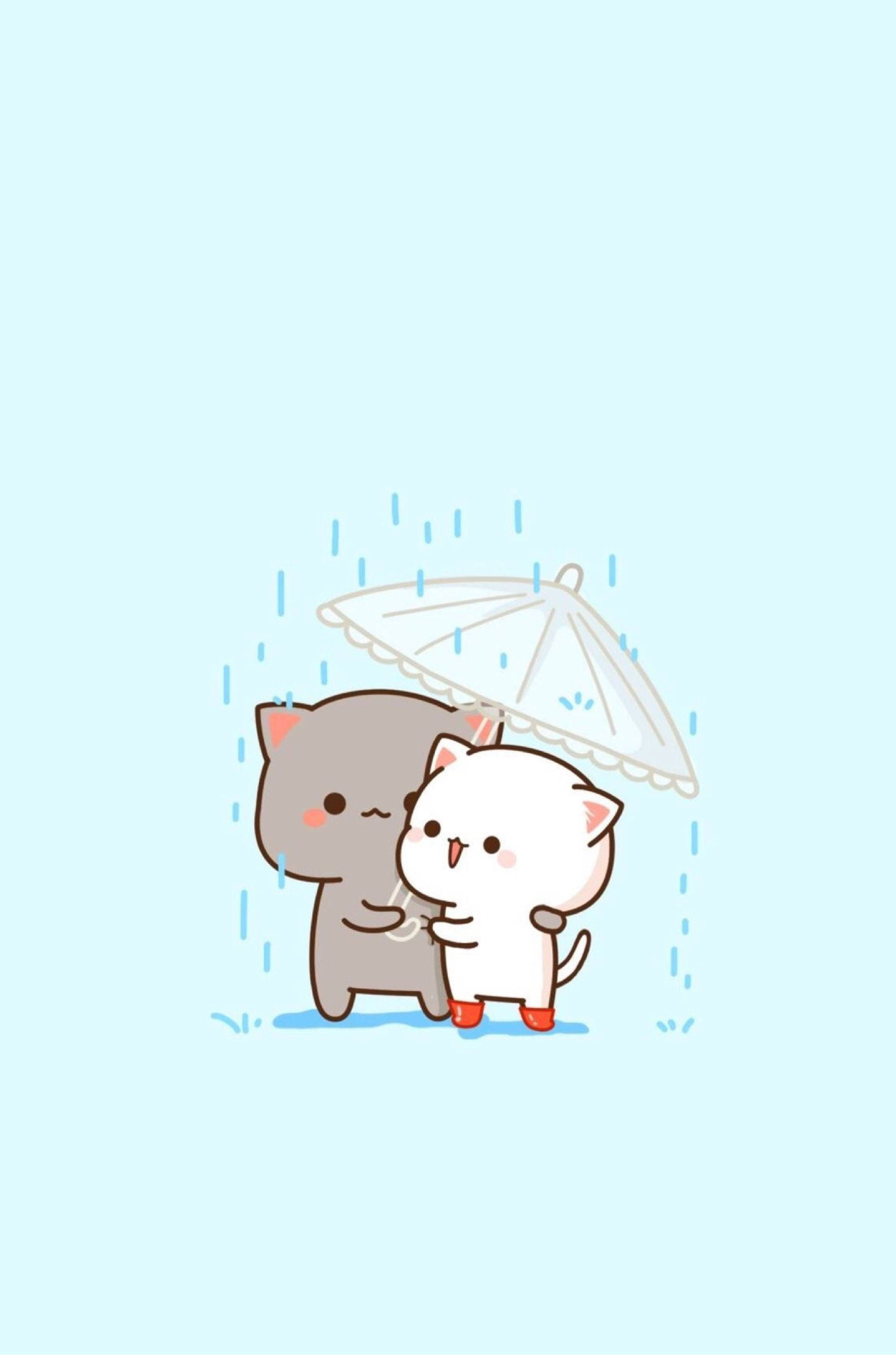 cute kawaii cat umbrella, white umbrella, gentle rain, 2K Phone Wallpaper