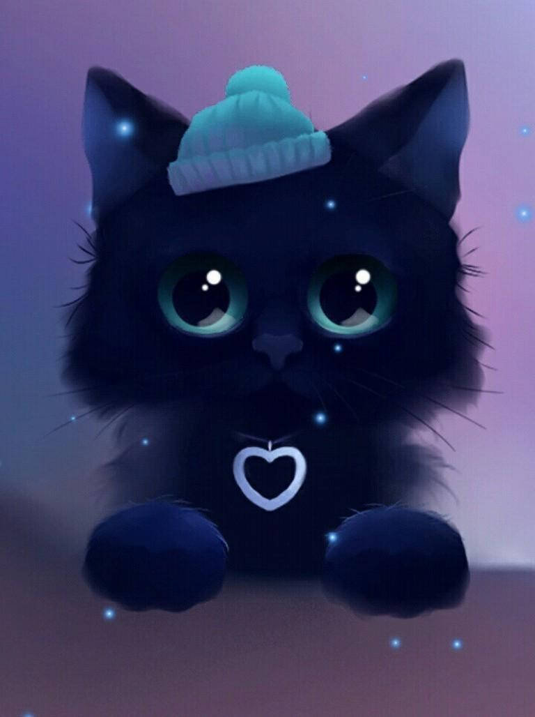 cute kawaii cat, blue beanie, fluffy black kitten, SD Phone Wallpaper