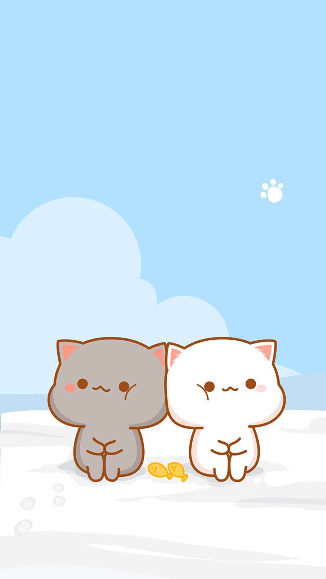 kawaii anime cat, cartoon cats, snowy ground, Full HD Phone Wallpaper