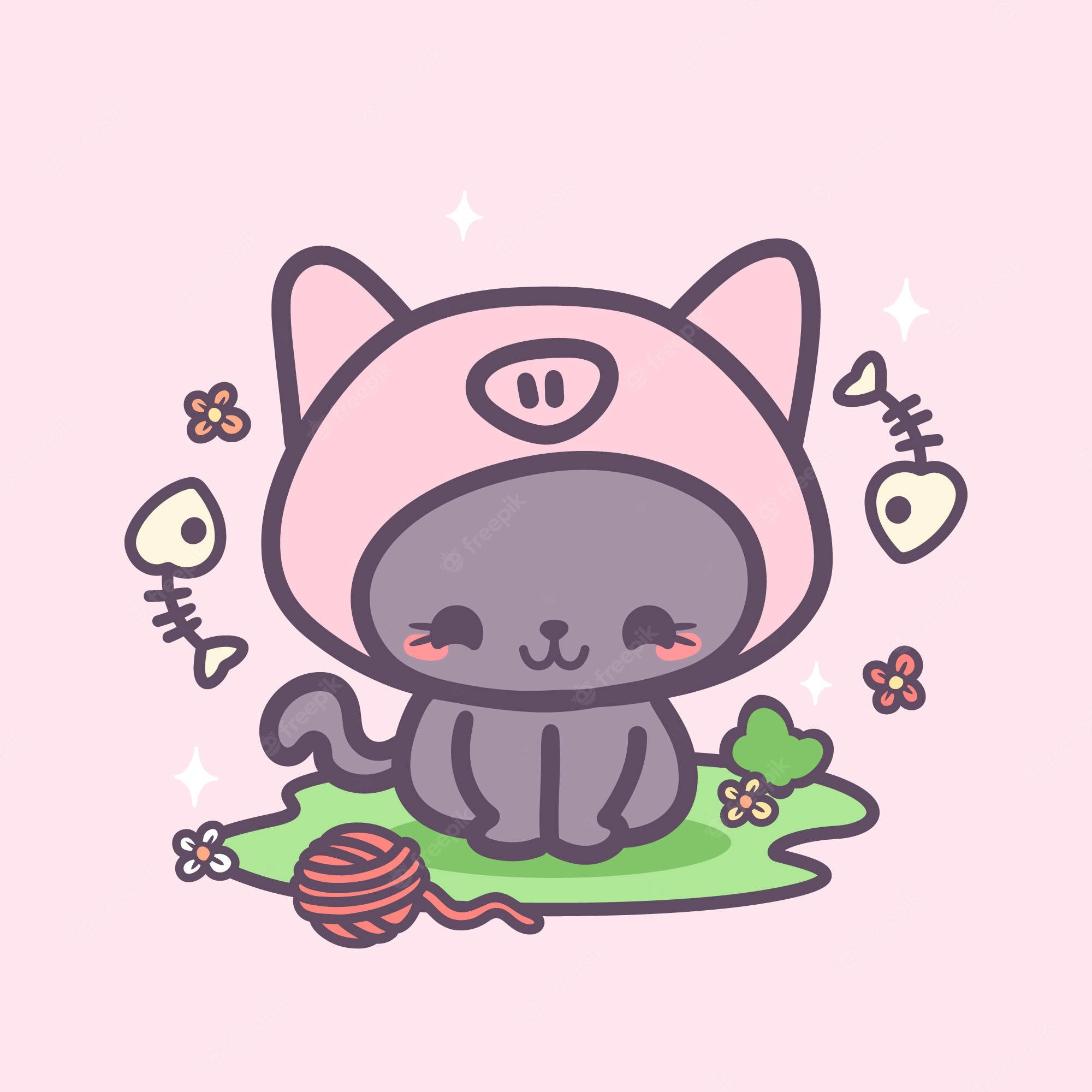 gray cat, pink pig hat, green grass, Full HD Desktop Wallpaper
