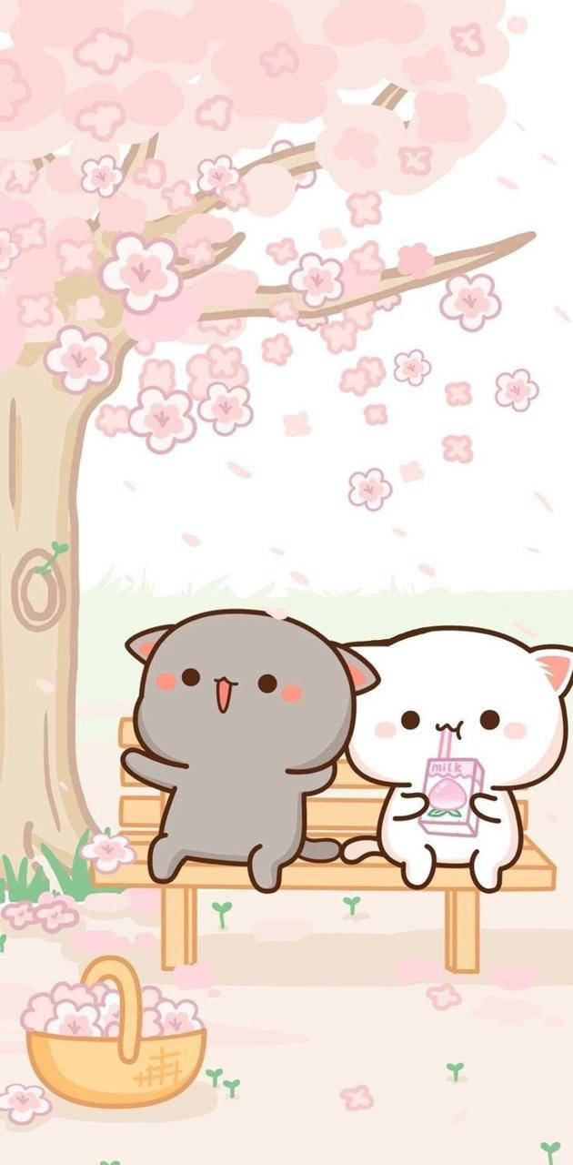 cute kawaii cat, cherry blossom tree, pink petals, HD Phone Wallpaper