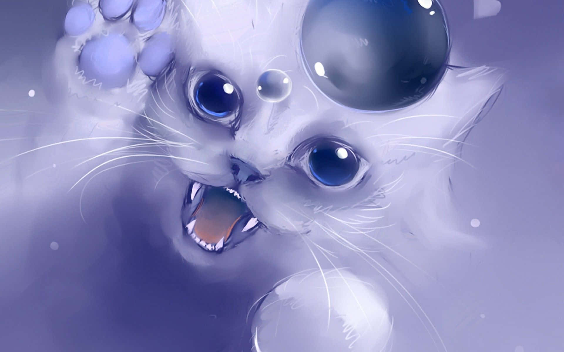 kawaii anime cat, white cartoon cat, wide blue eyes, Full HD Desktop Wallpaper