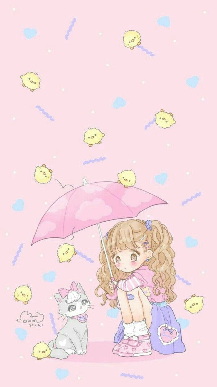 kawaii cute girly, pink umbrella, fluffy yellow chicks, SD Phone Wallpaper