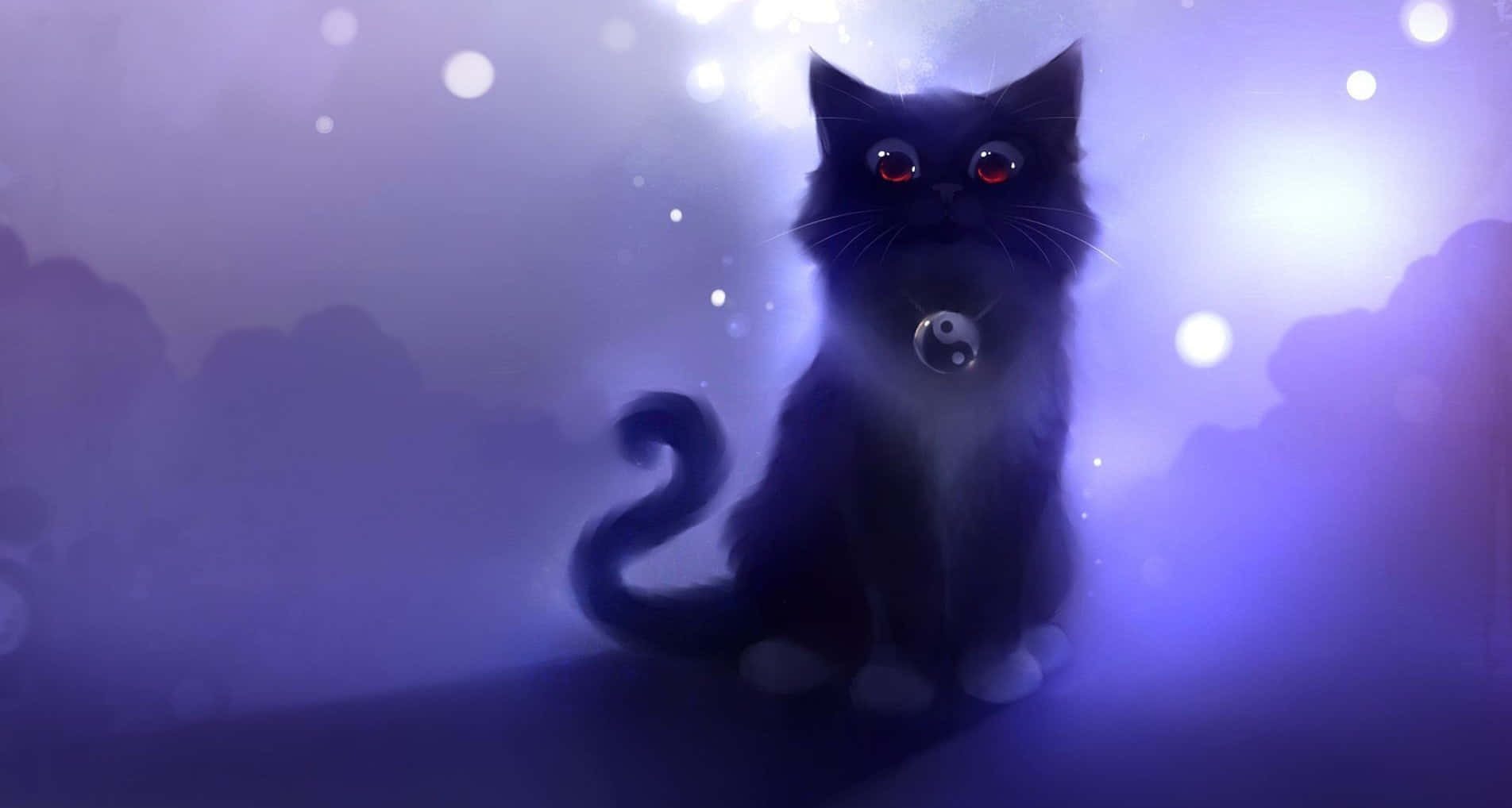 kawaii anime cat, glowing red eyes, yin yang collar, HD Desktop Wallpaper