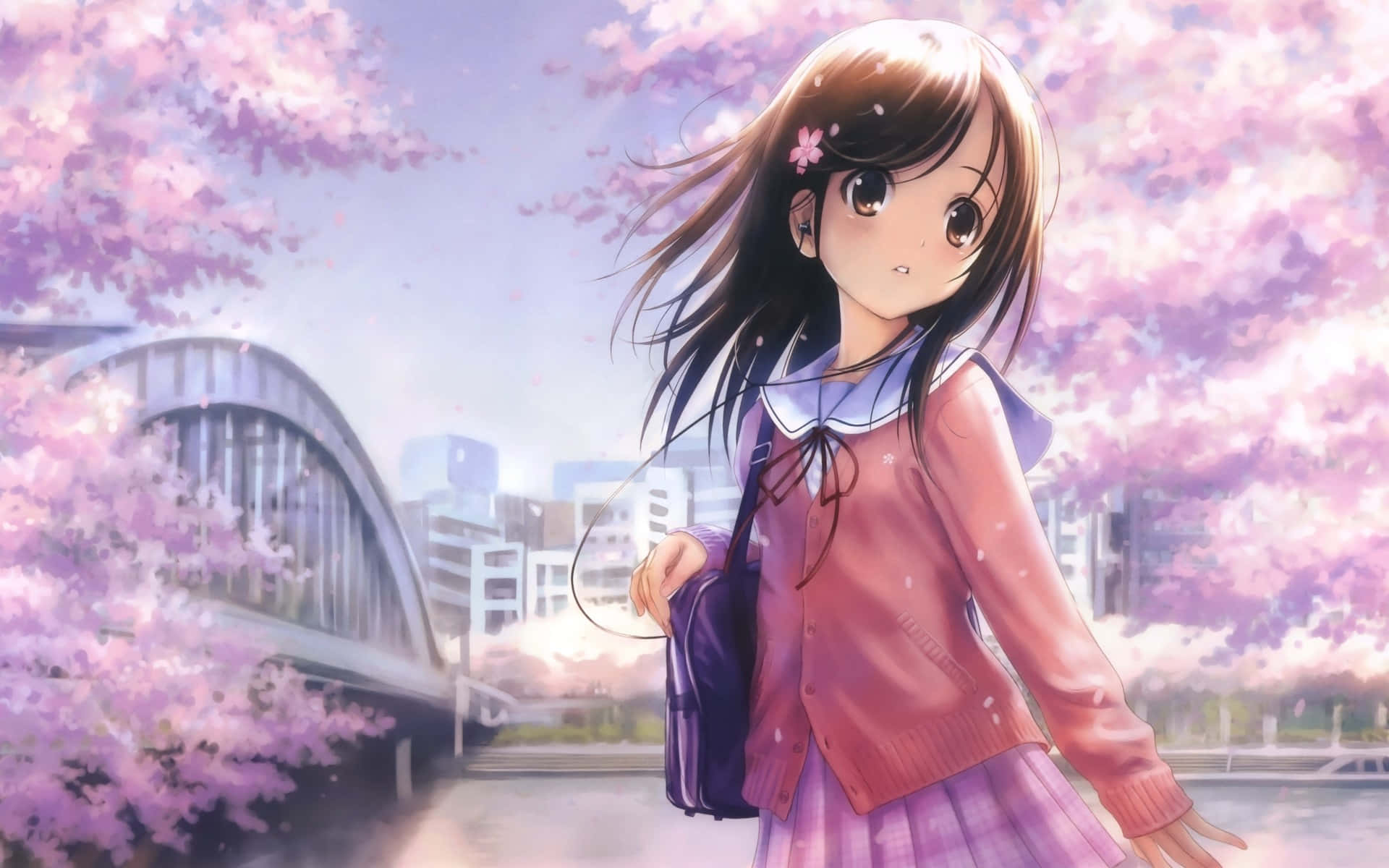 kawaii iPad, anime girl, pink cardigan, Full HD Desktop Wallpaper
