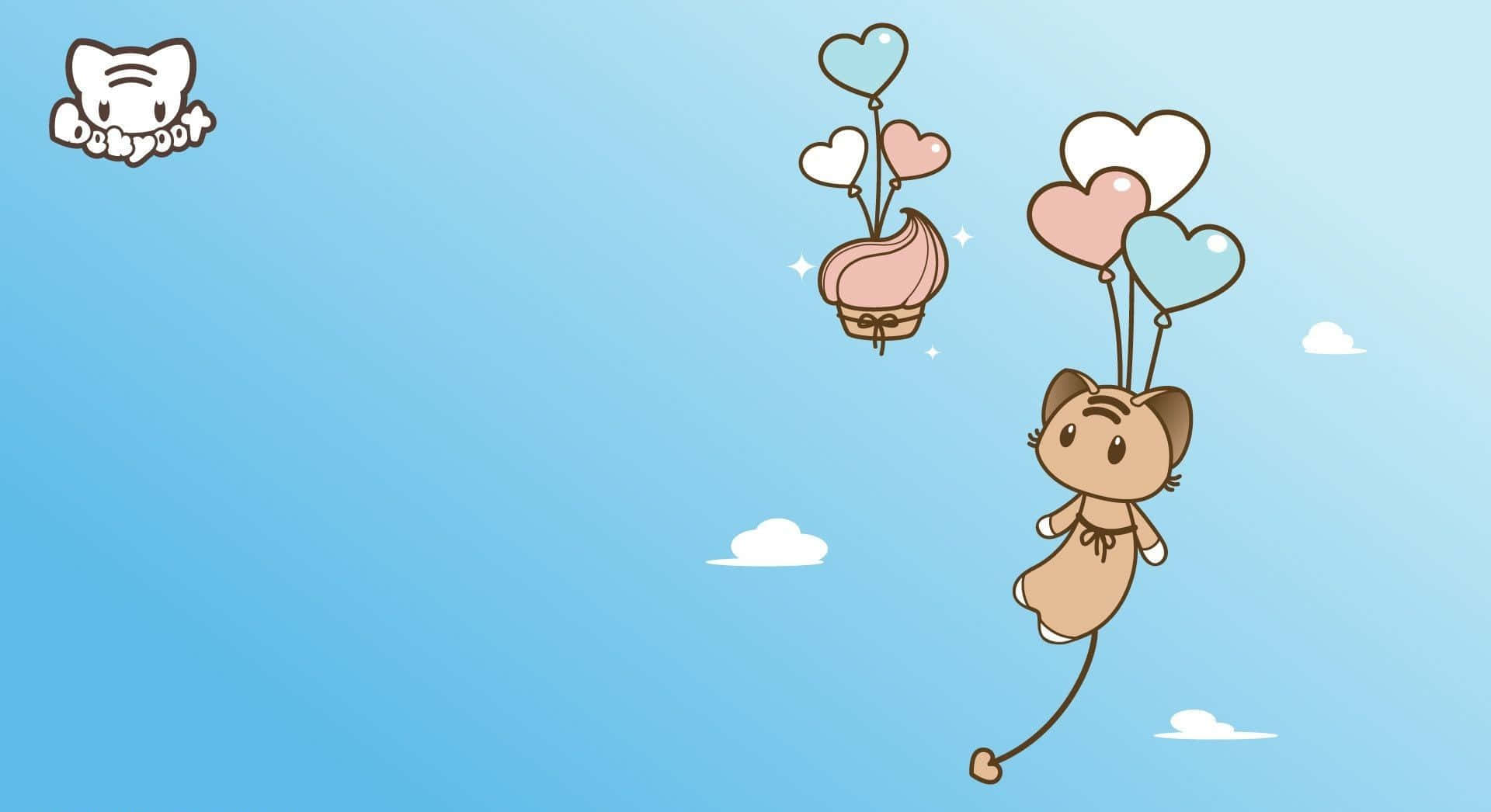 cute cartoon cats, clear blue sky, heart-shaped balloons, Full HD Desktop Wallpaper