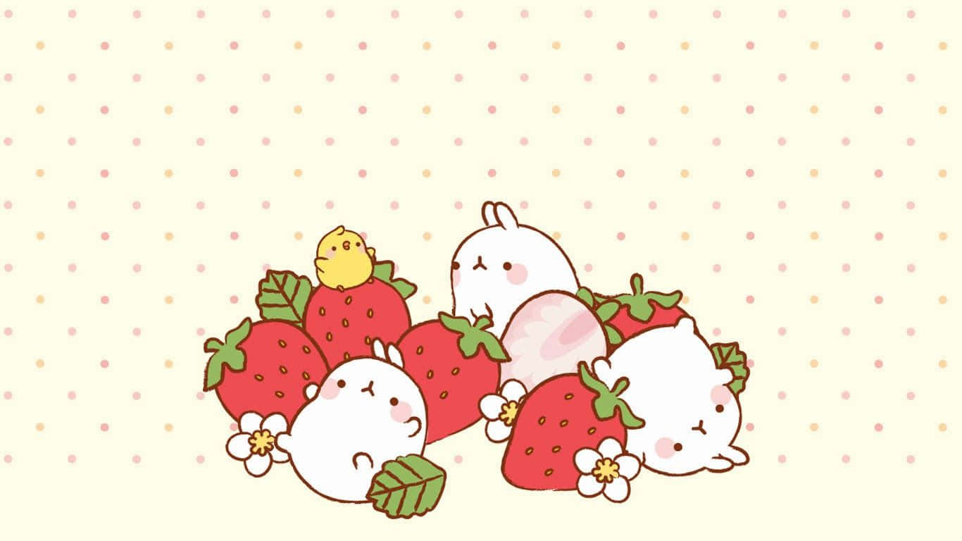 kawaii bunny, strawberries, bird, HD Desktop Wallpaper