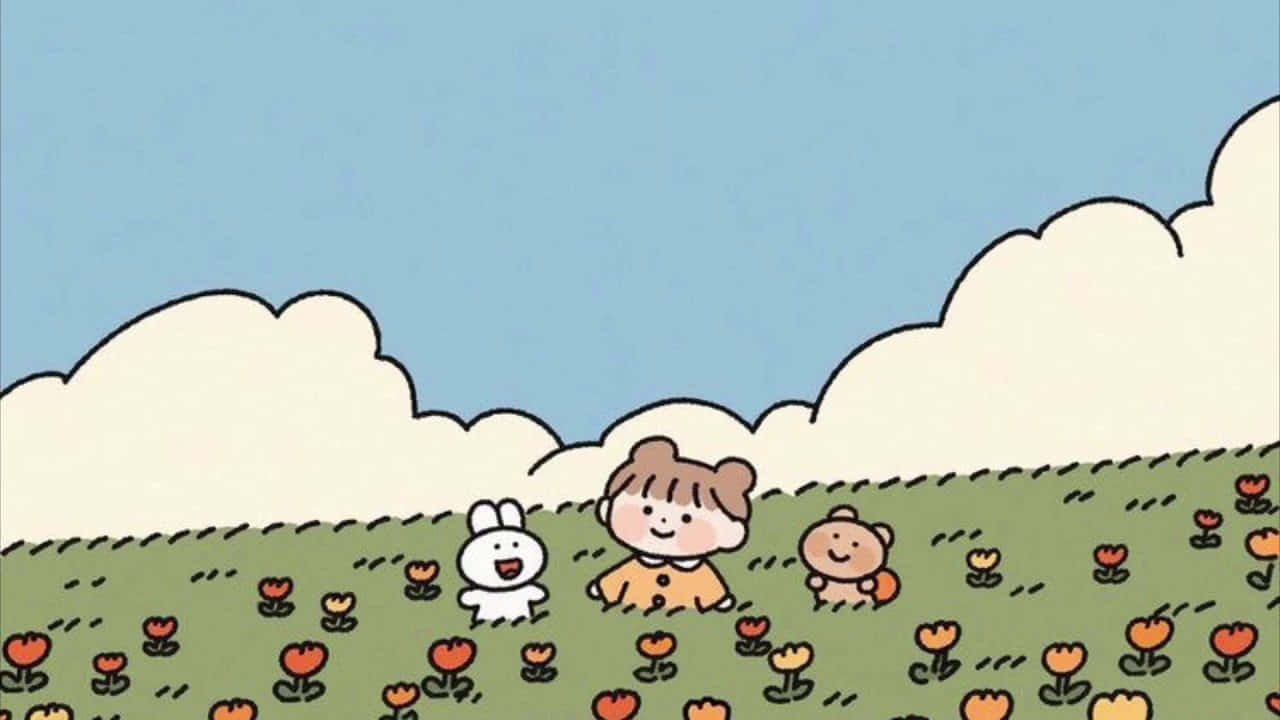 cute kawaii iPad, cartoon characters, grassy hill, HD Desktop Wallpaper