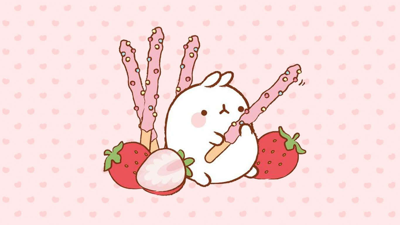 cute white bunny, pink ears, strawberry lollipops, HD Desktop Wallpaper