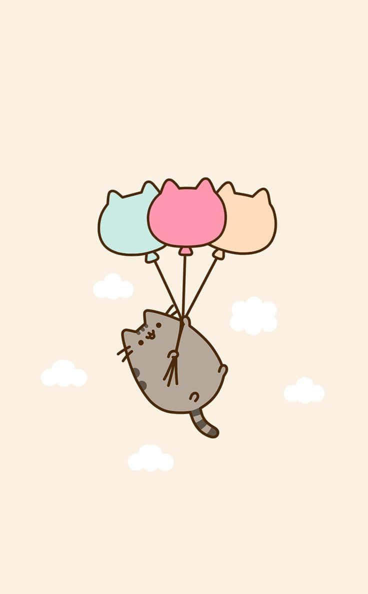 gray cat, pastel cat-shaped balloons, soft beige sky, SD Phone Wallpaper