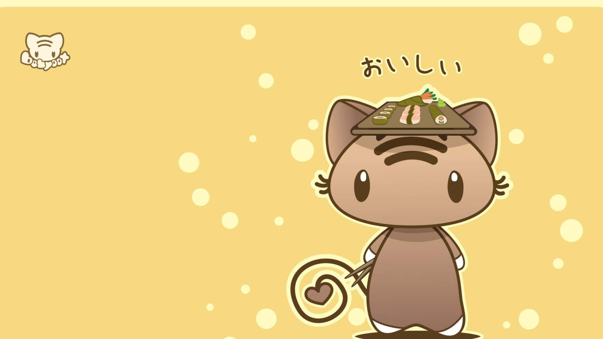 cute kawaii japanese characters, brown cartoon cat, sushi hat, Full HD Desktop Wallpaper