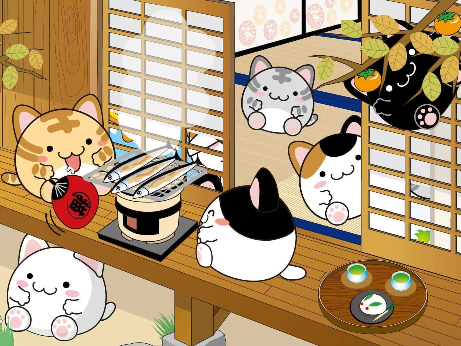 kawaii Japanese Characters, cartoon cats, traditional Japanese room, HD Desktop Wallpaper