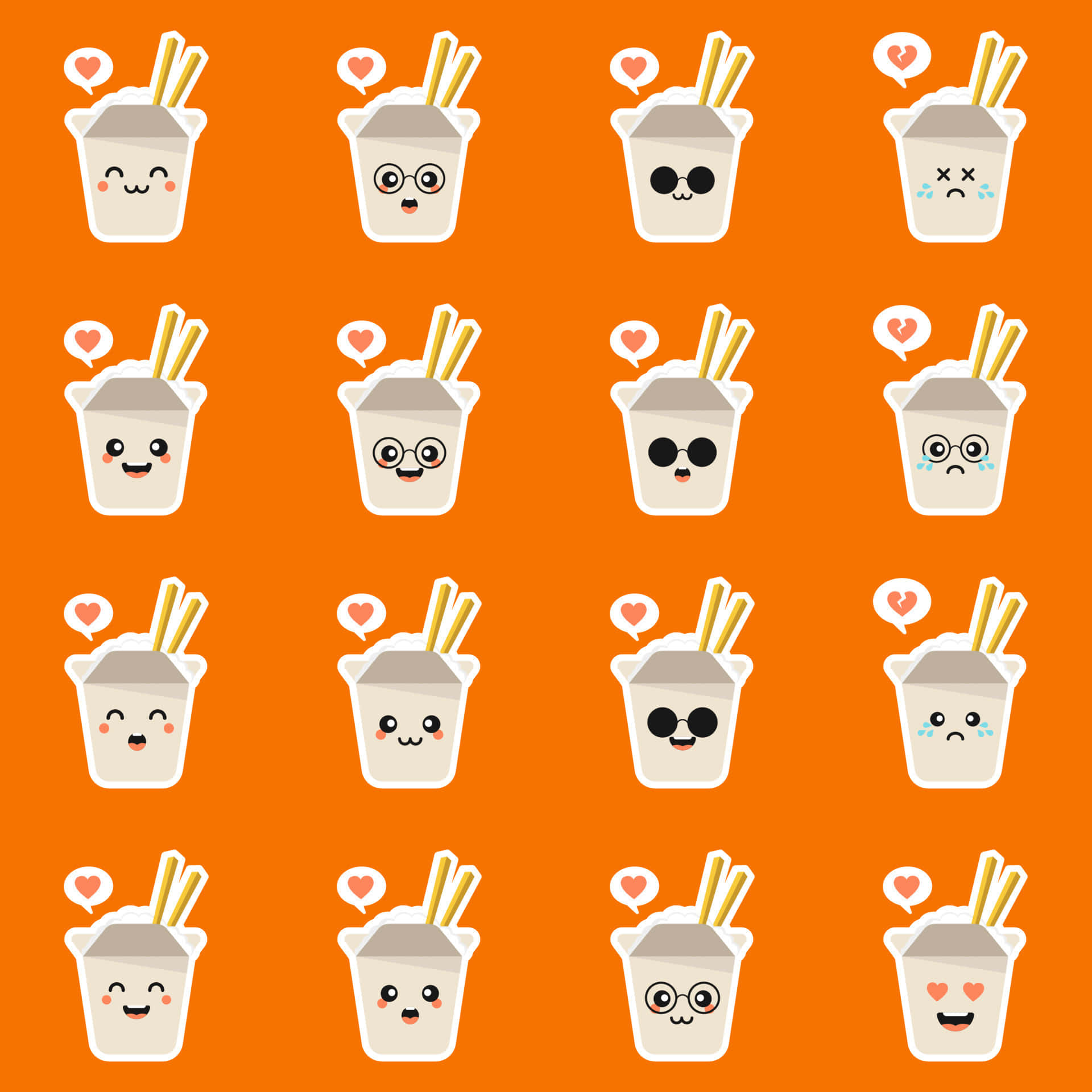 cute kawaii japanese characters, cartoon ramen cup characters, varied facial expressions, Full HD Desktop Wallpaper