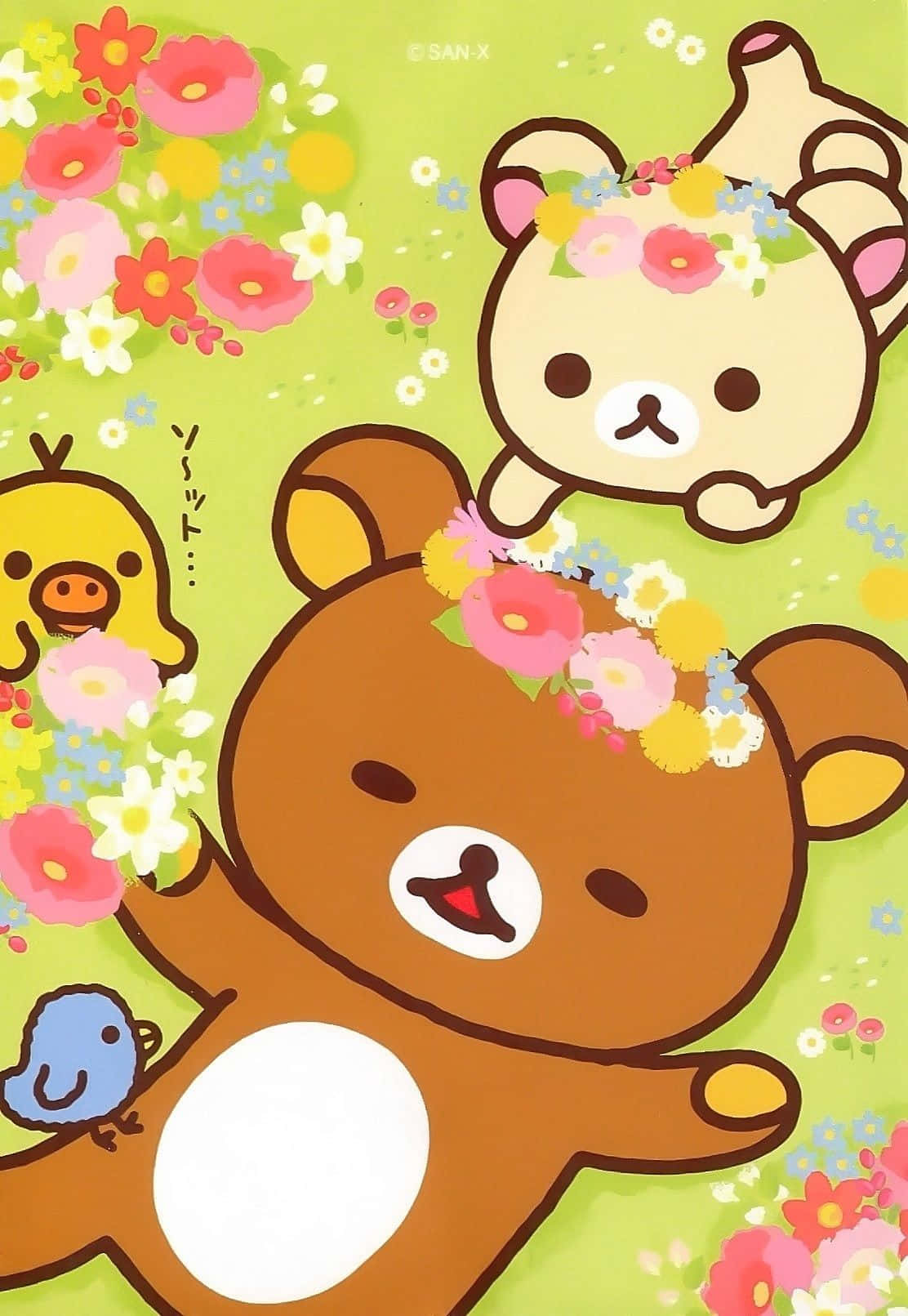 Cute Kawaii Japanese Characters, brown bear, colorful flower crowns, HD Phone Wallpaper