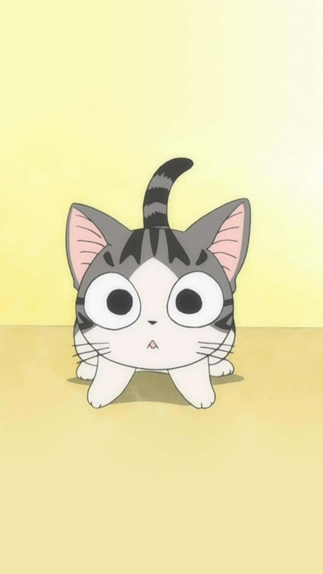 cute cartoon kitten, big eyes, striped tail, Full HD Phone Wallpaper
