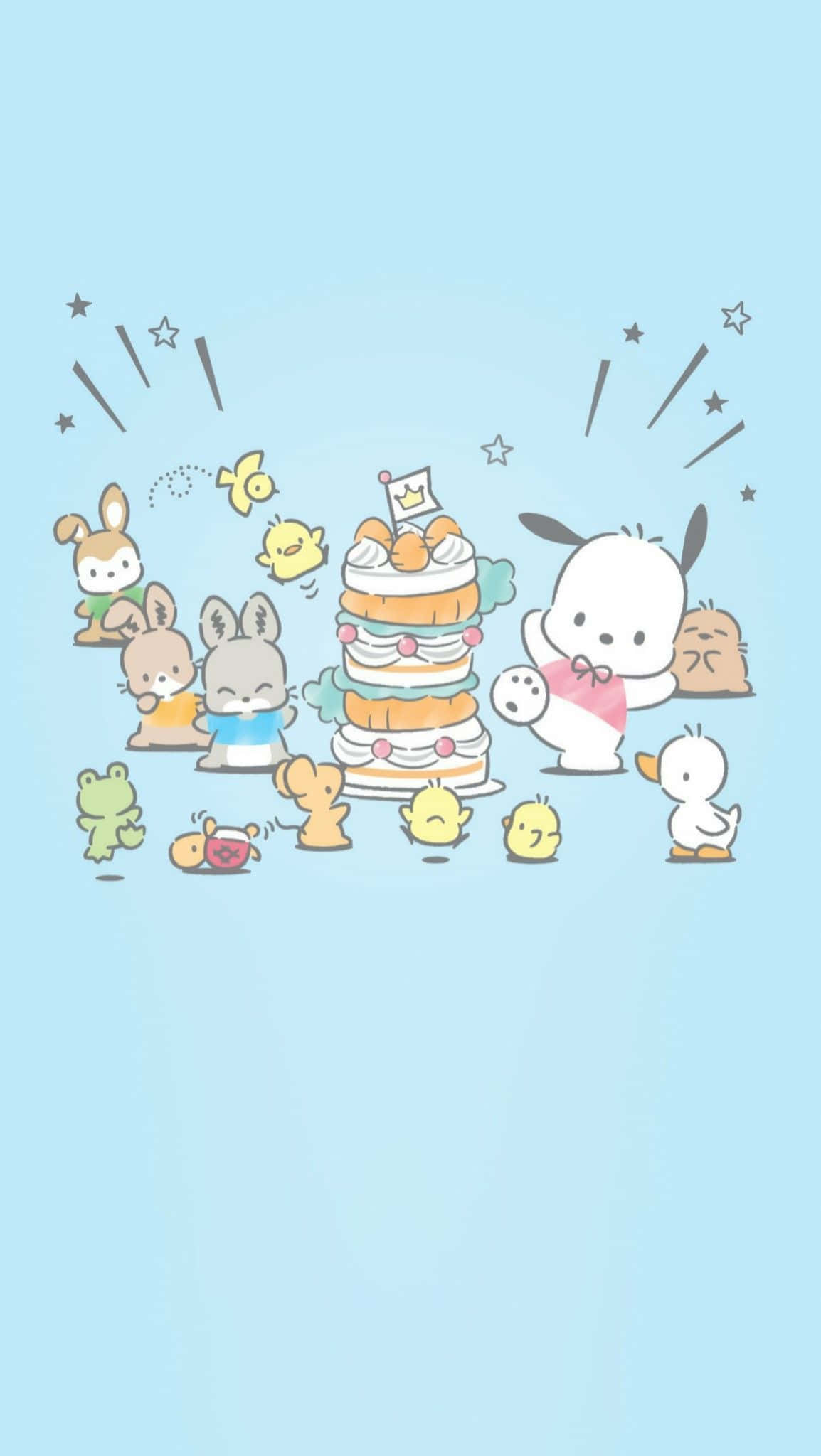 Cute Kawaii Japanese Characters, birthday cake, stars, Full HD Phone Wallpaper