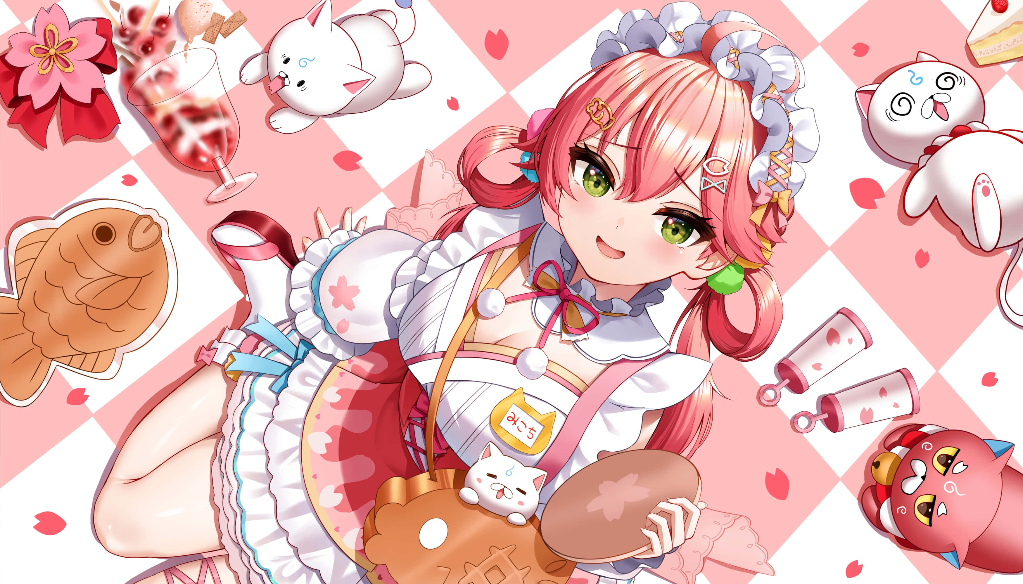 cute kawaii Japanese characters, maid outfit, cat-shaped pastry, 2K Desktop Wallpaper