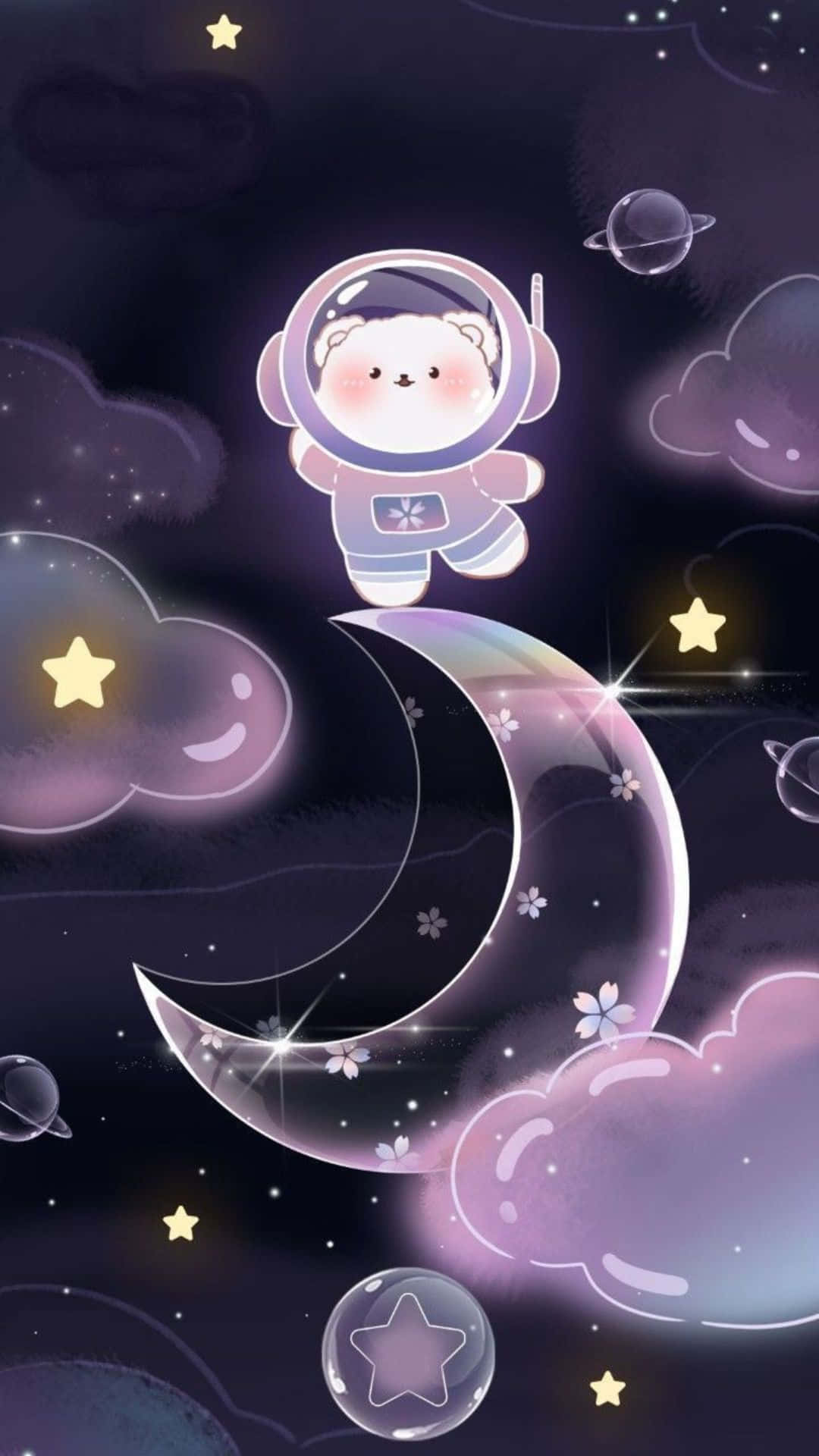 cute cartoon bear astronaut, glowing crescent moon, purple clouds, Full HD Phone Wallpaper