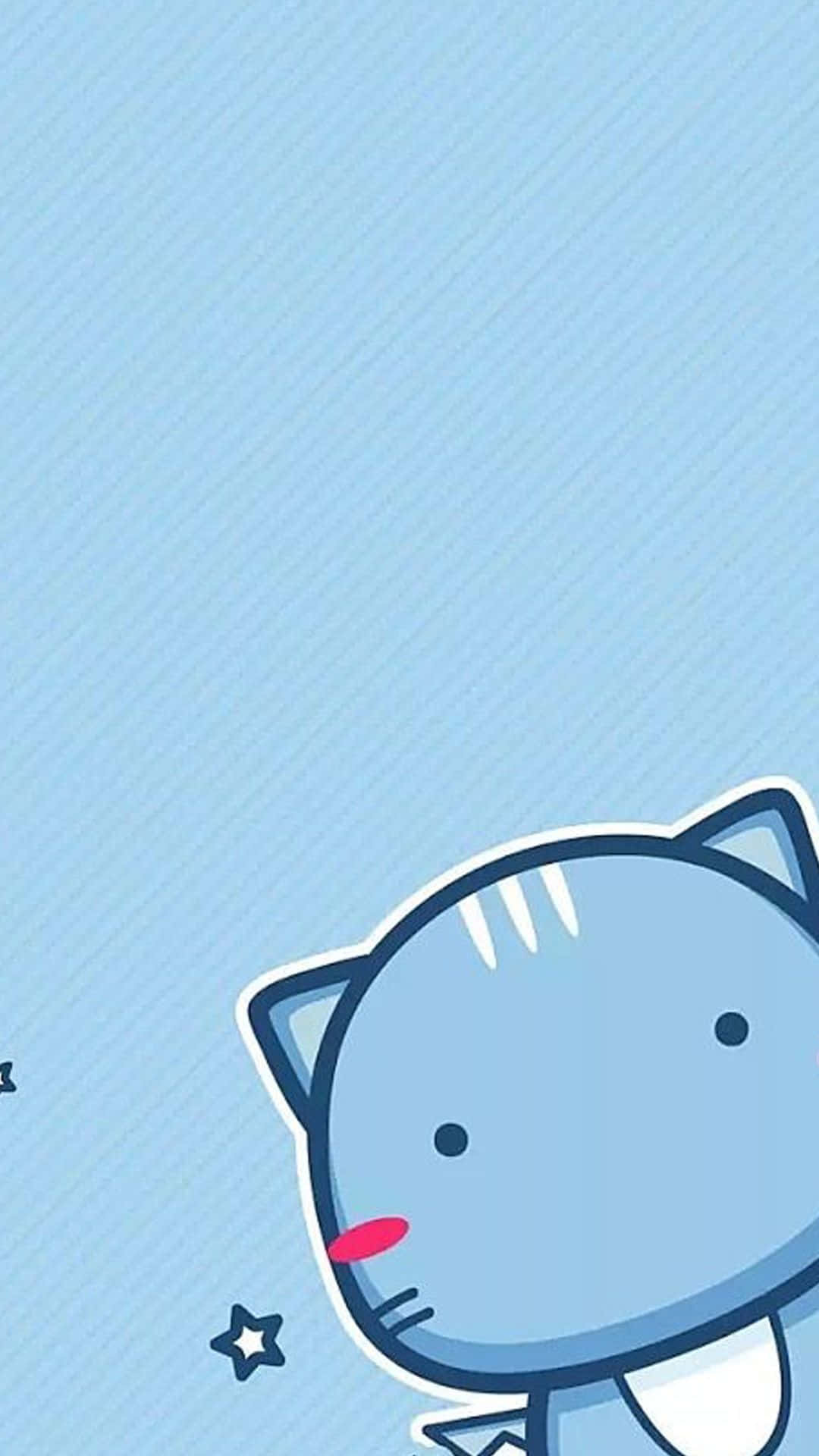 kawaii cartoon cat, pink tongue, light blue diagonal striped background, Full HD Phone Wallpaper