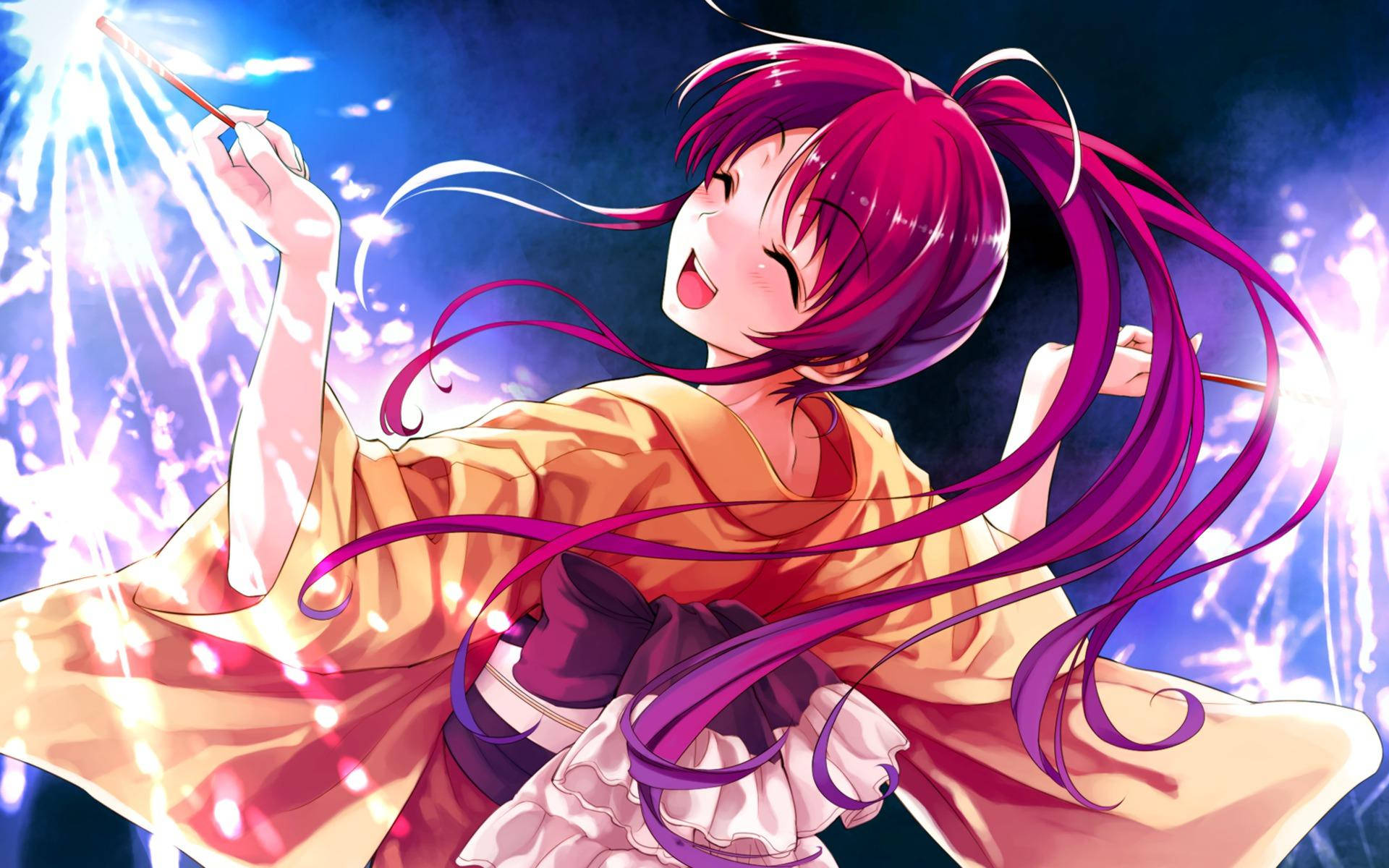 magenta hair, kimono, sparkling fireworks, Full HD Desktop Wallpaper