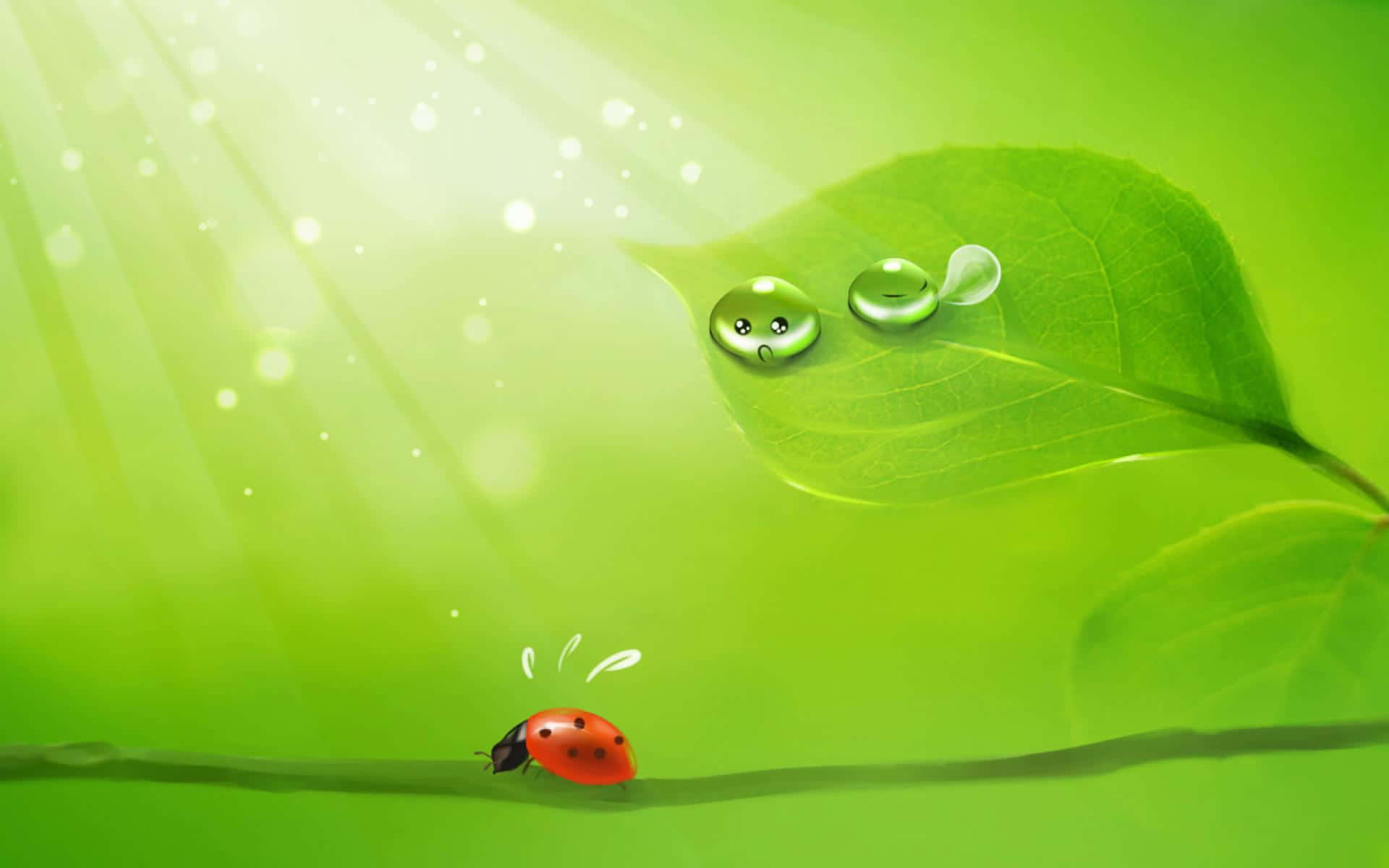 Cute Green Kawaii, ladybug, green stem, Full HD Desktop Wallpaper