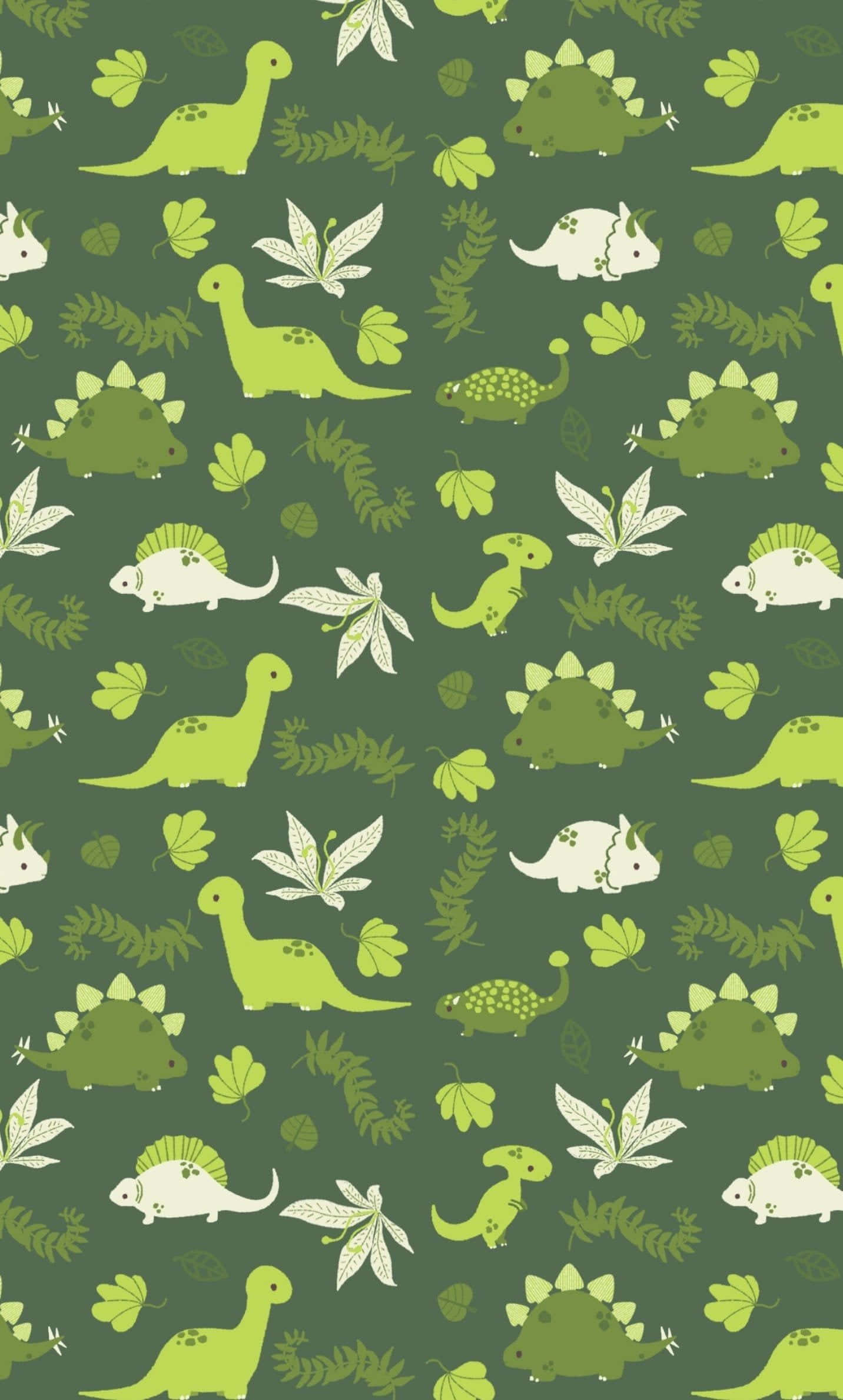 Cute Green Kawaii Dinosaurs, green and white cartoon dinosaurs, leaves, Full HD Phone Wallpaper