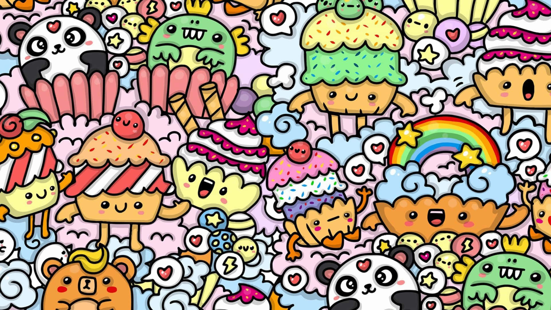 Cute Kawaii World Illustration, smiling cupcakes, pandas, Full HD Desktop Wallpaper