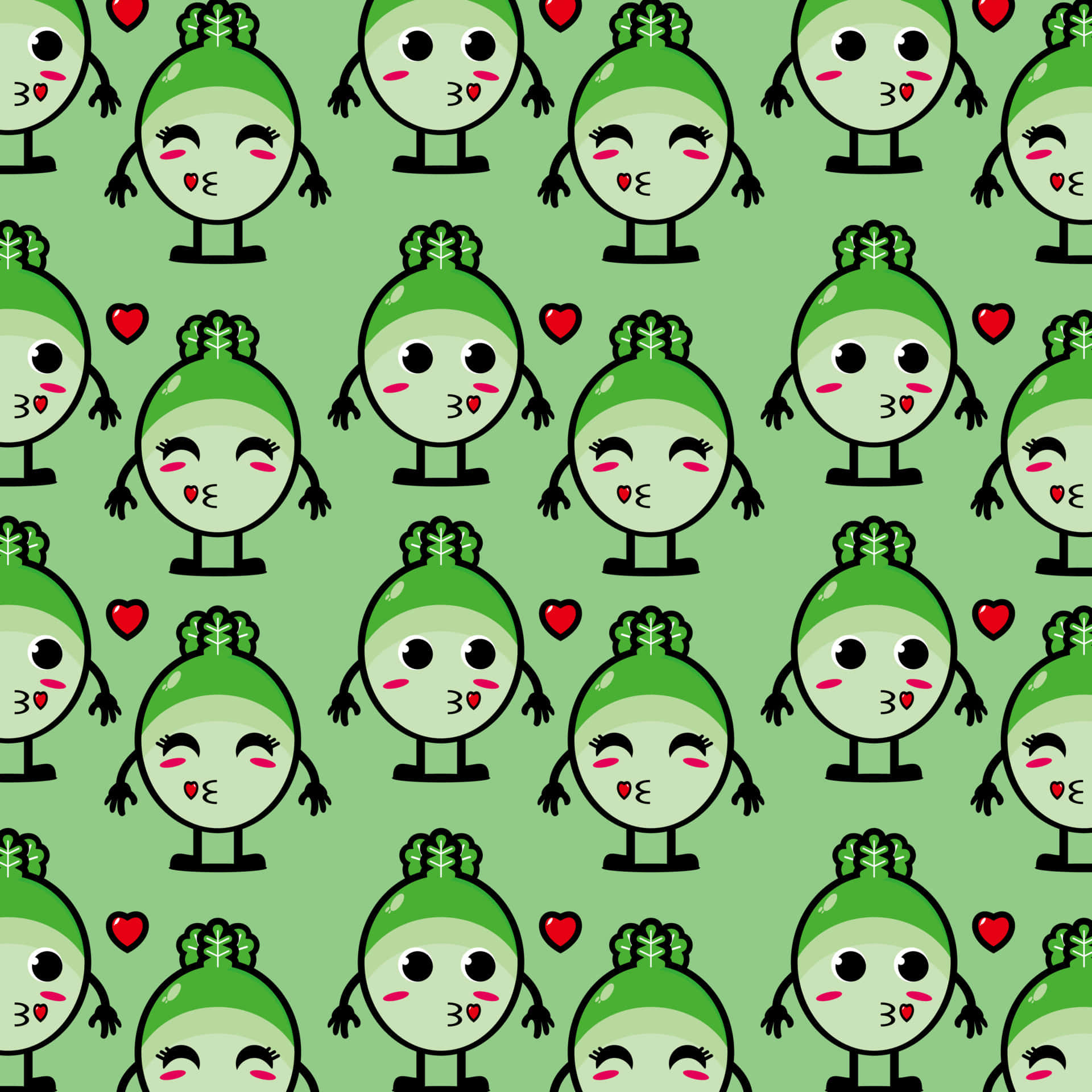 kawaii characters, green broccoli characters, hearts, Full HD Desktop Wallpaper